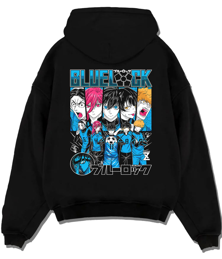 Black hoodie flat back view showing Blue Lock: ensemble including Isagi and Bachira