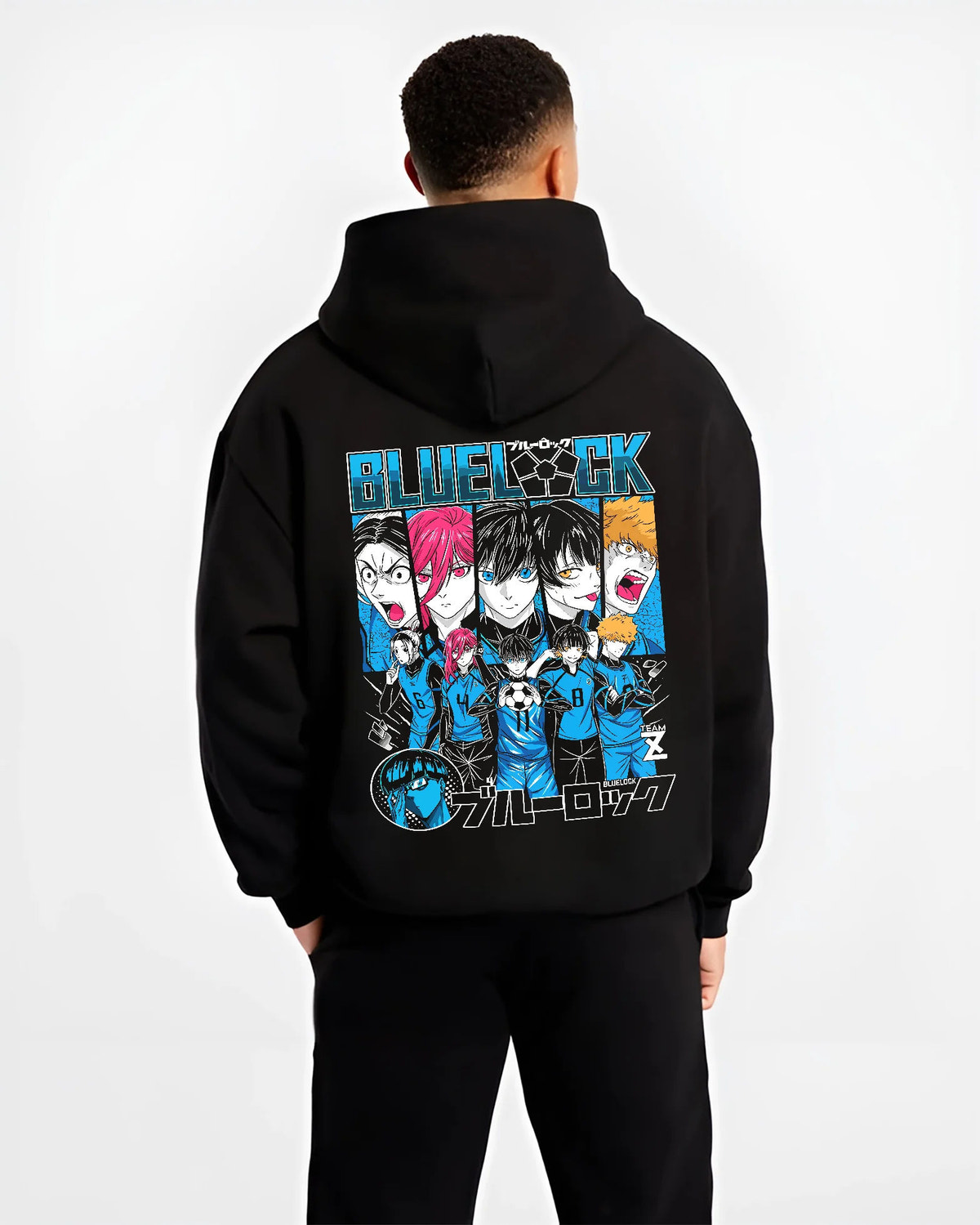 Black hoodie model back view showing Blue Lock: ensemble including Isagi and Bachira