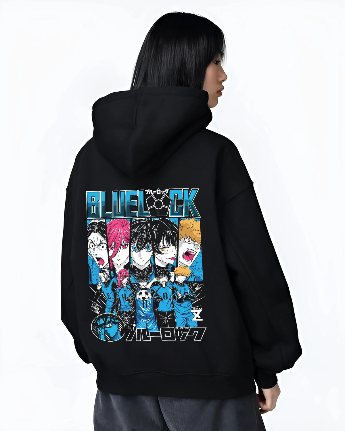 Black hoodie female model back view showing Blue Lock: ensemble including Isagi and Bachira