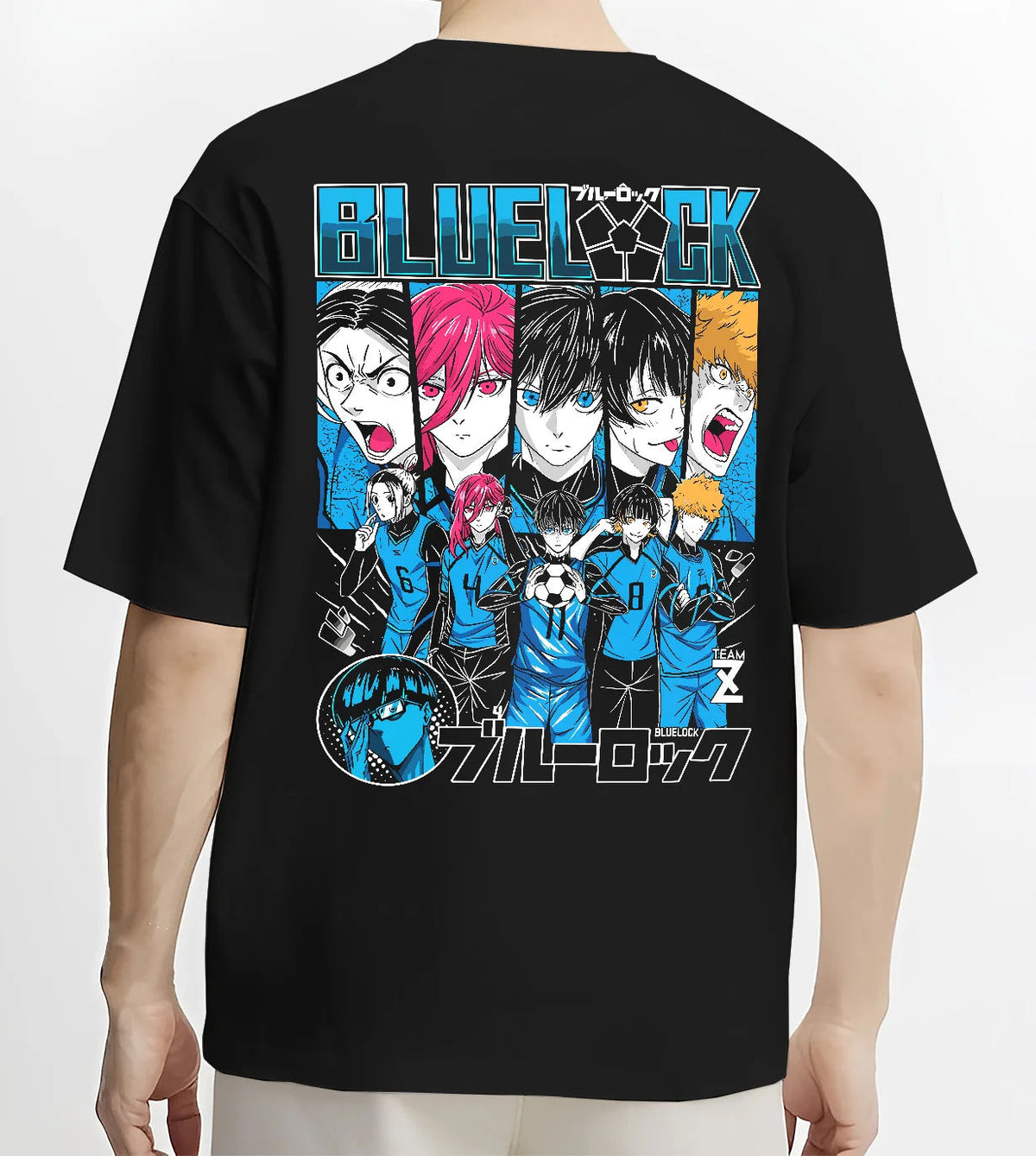 Black T-shirt model back view showing Blue Lock: ensemble including Isagi and Bachira