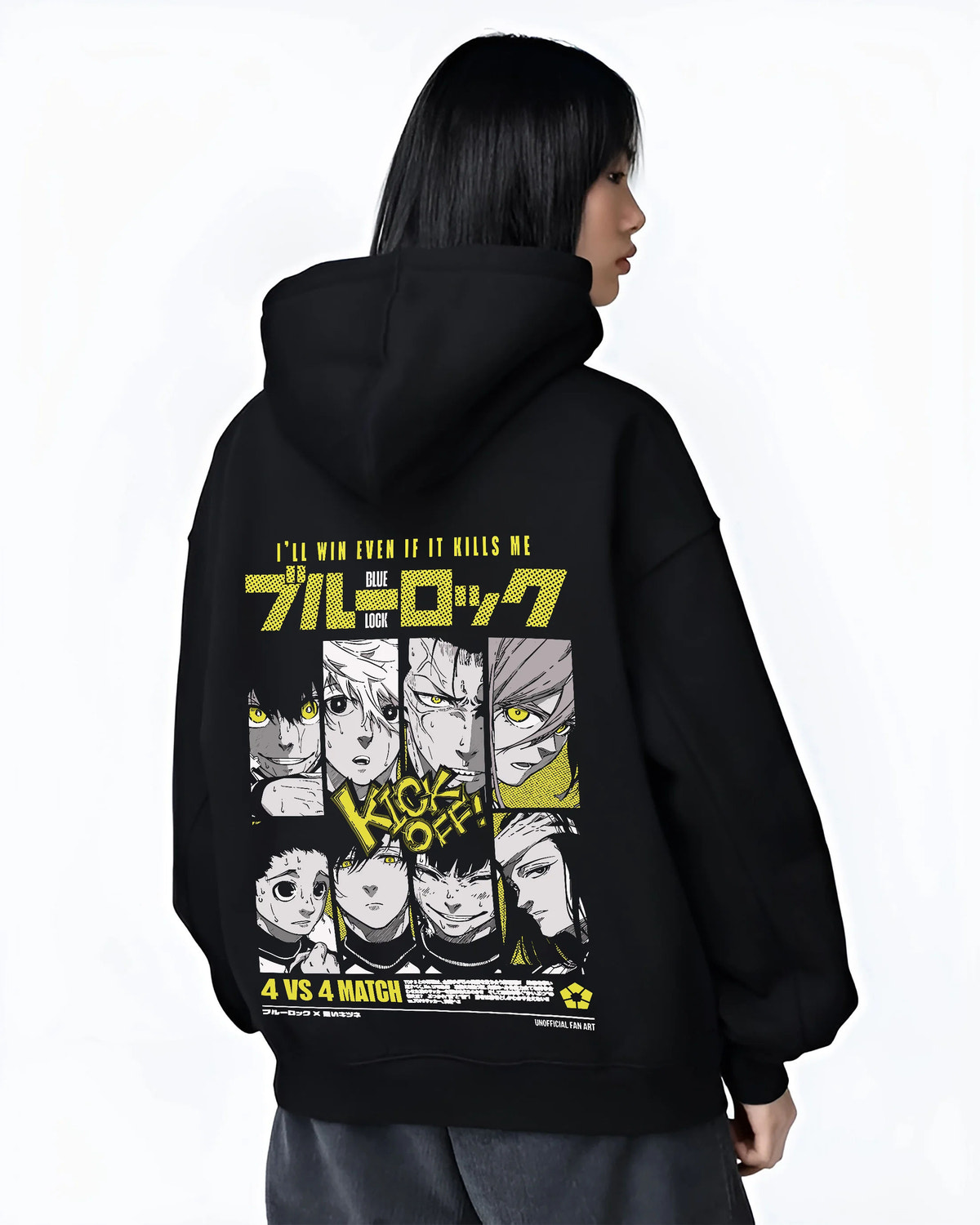 Black hoodie female model back view showing Blue Lock: multiple football characters
