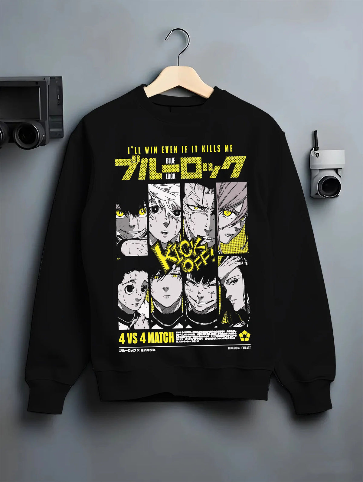 Black crewneck sweatshirt on hanger showing Blue Lock: multiple football characters