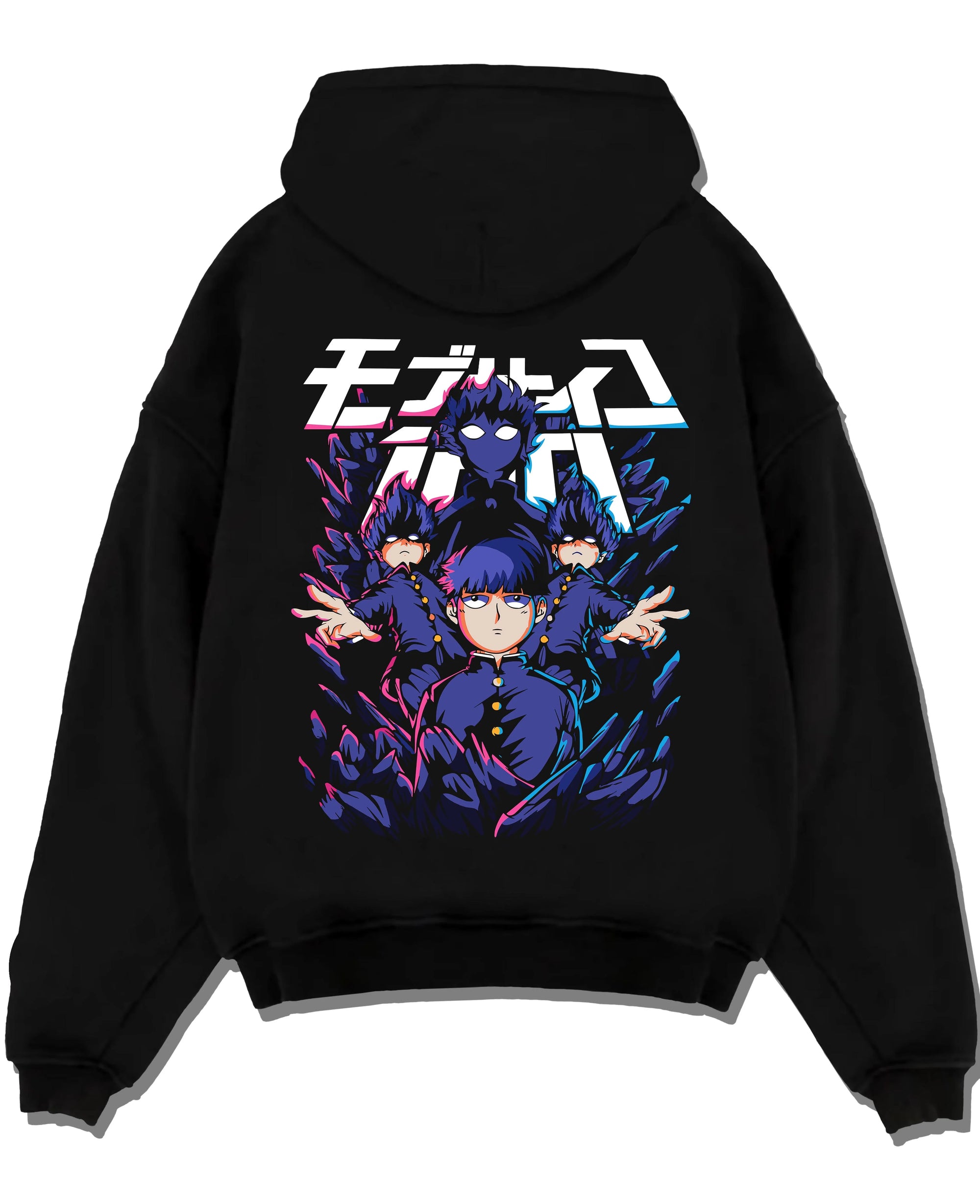 Black pullover hoodie laid flat with Mob Psycho 100 Hoodie Blue Spirit Energy Jumper graphic premium wear.