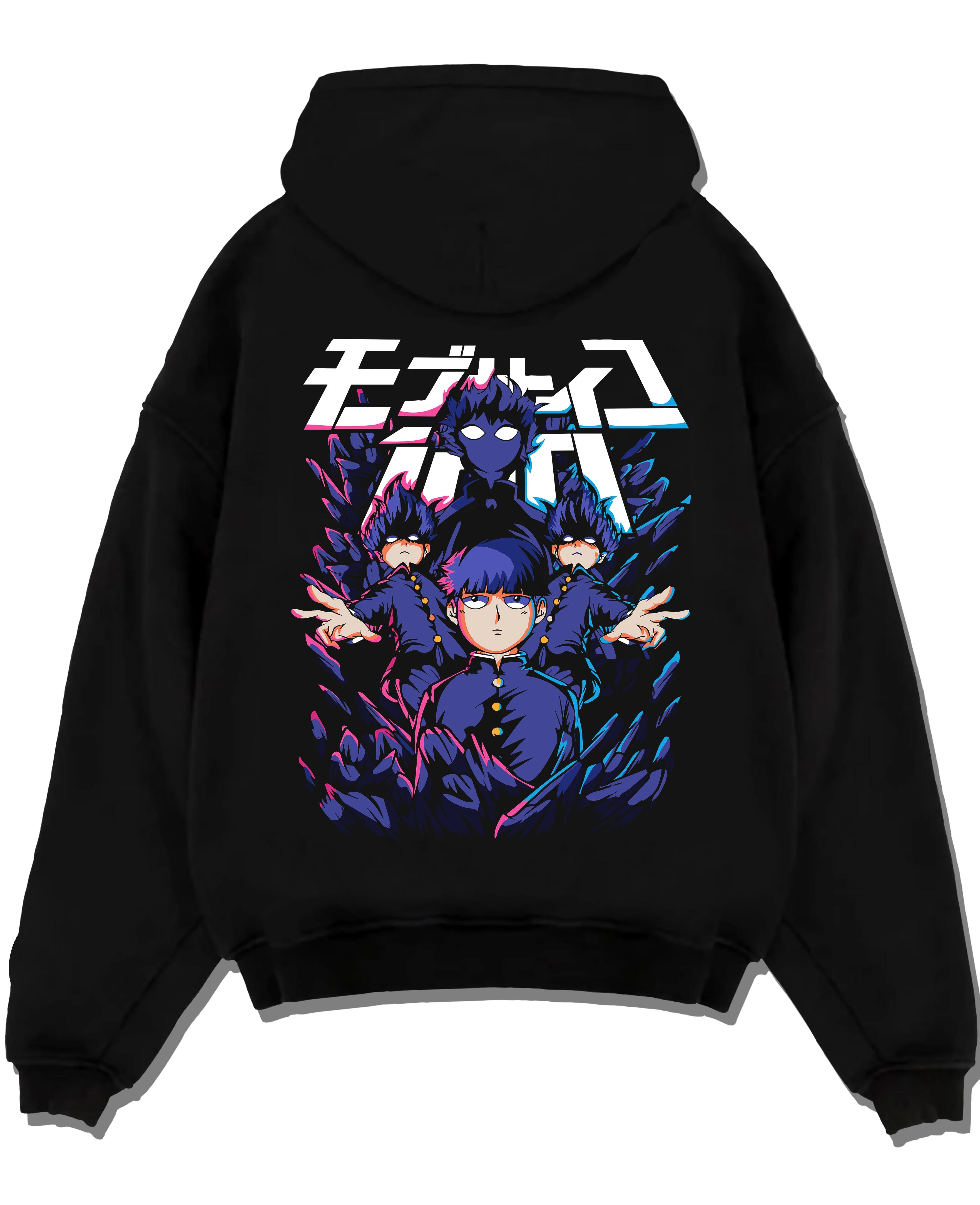 Black pullover hoodie laid flat with Mob Psycho 100 Hoodie Blue Spirit Energy Jumper graphic premium wear.