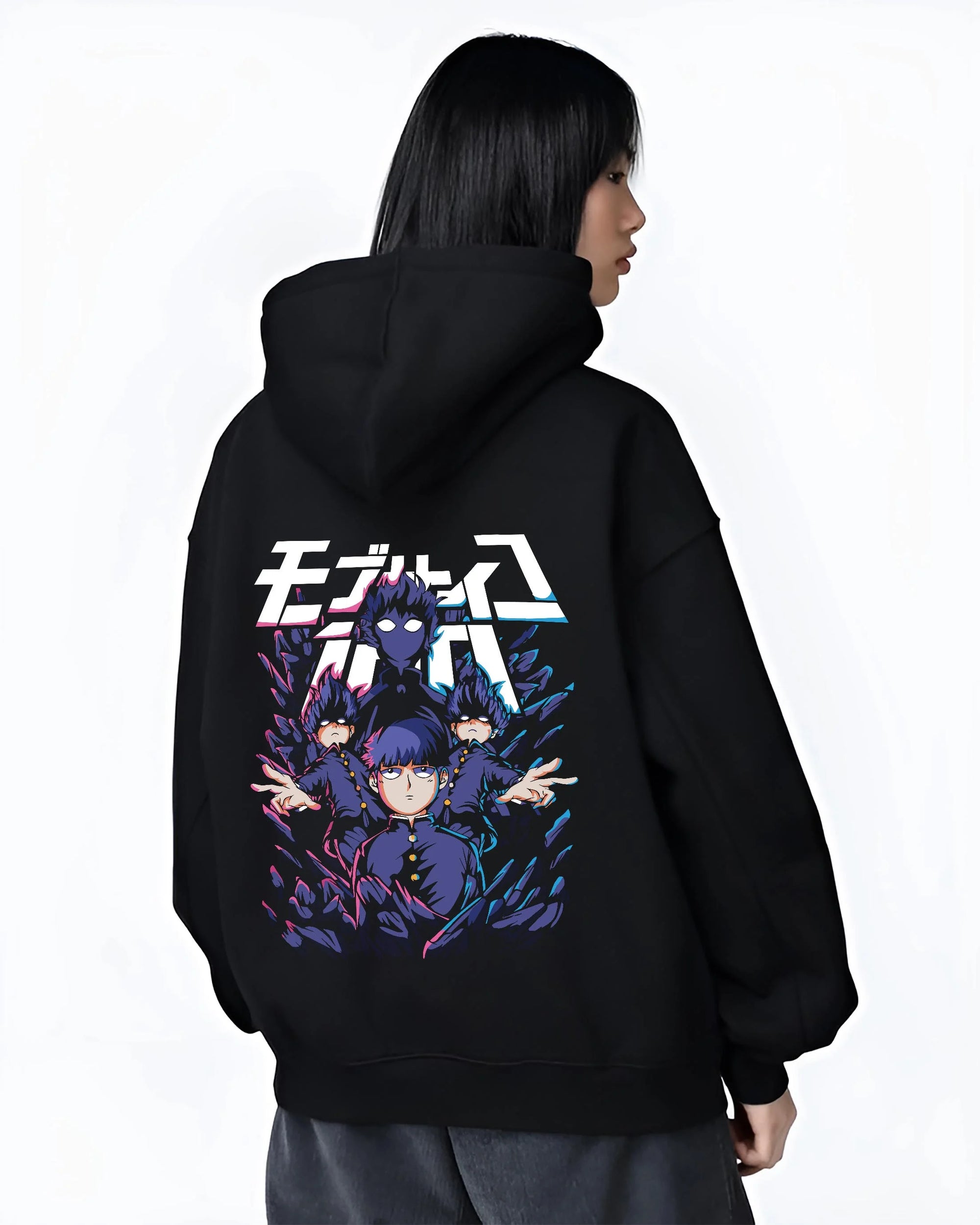 Black hoodie worn by female model, back view with Mob Psycho 100 Hoodie Blue Spirit Energy Jumper graphic streetwear graphic.