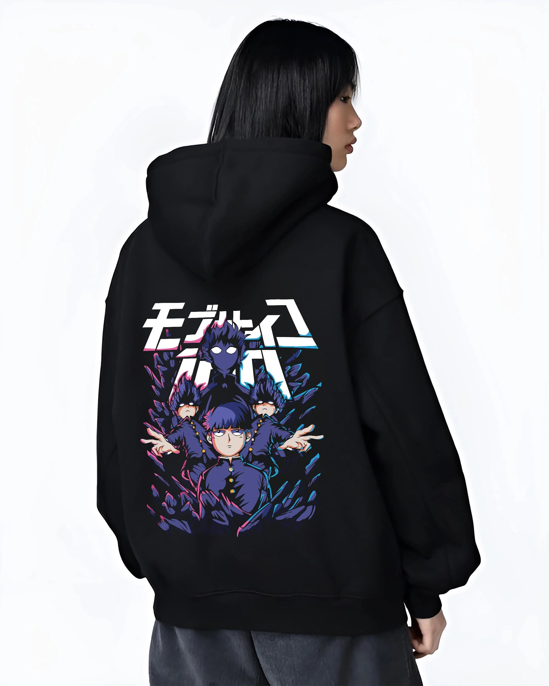 Black hoodie worn by female model, back view with Mob Psycho 100 Hoodie Blue Spirit Energy Jumper graphic streetwear graphic.