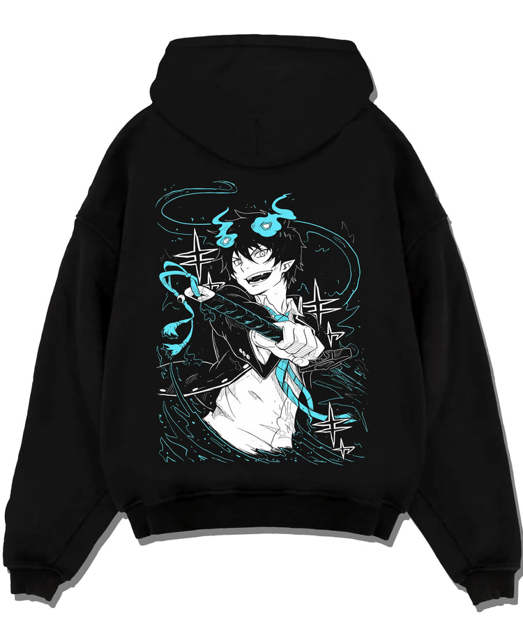Black pullover hoodie laid flat featuring Rin Okumura Blue Exorcist anime poster inspired artwork with flame motif and retro streetwear graphic.