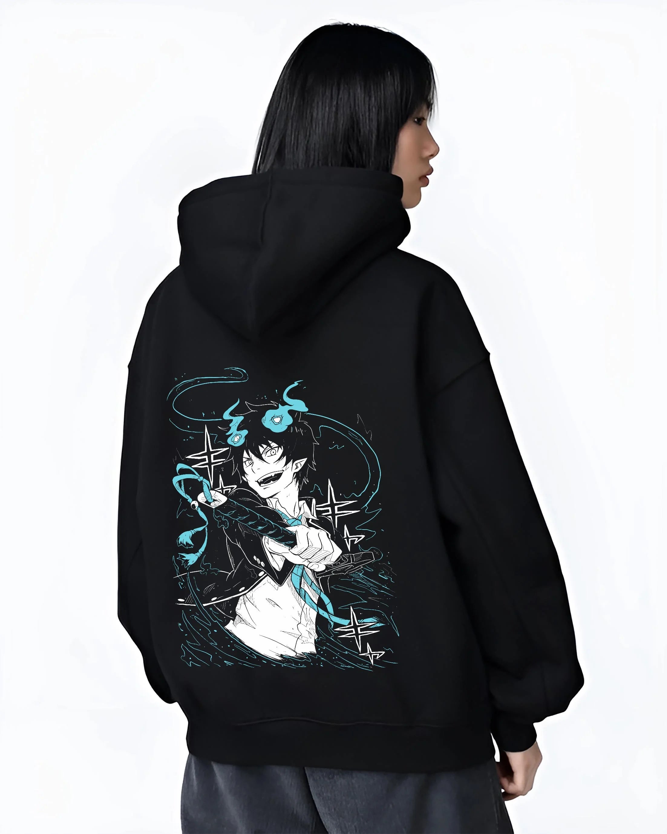 Black hoodie worn by female model, back view featuring Rin Okumura Blue Exorcist cyberpunk anime aesthetic with layered graphic elements and detailed illustration.