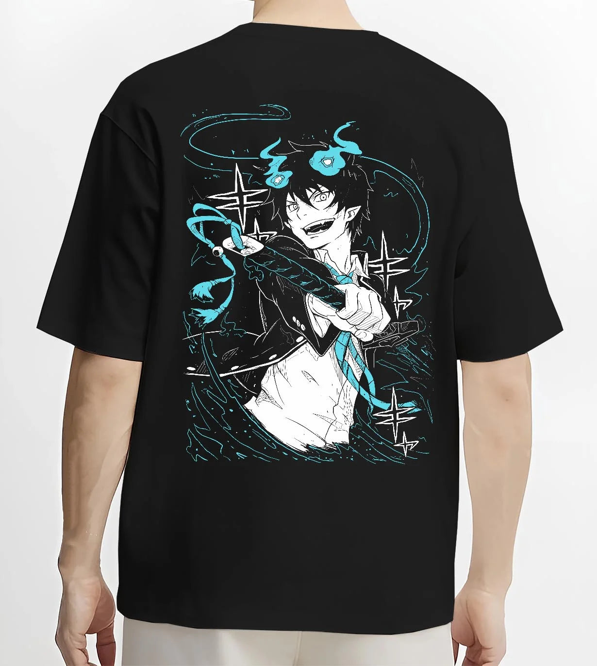 Black T-shirt worn by male model, back view featuring Rin Okumura Blue Exorcist retro manga graphic styled with flame-inspired motif and nostalgic 90s vibe.