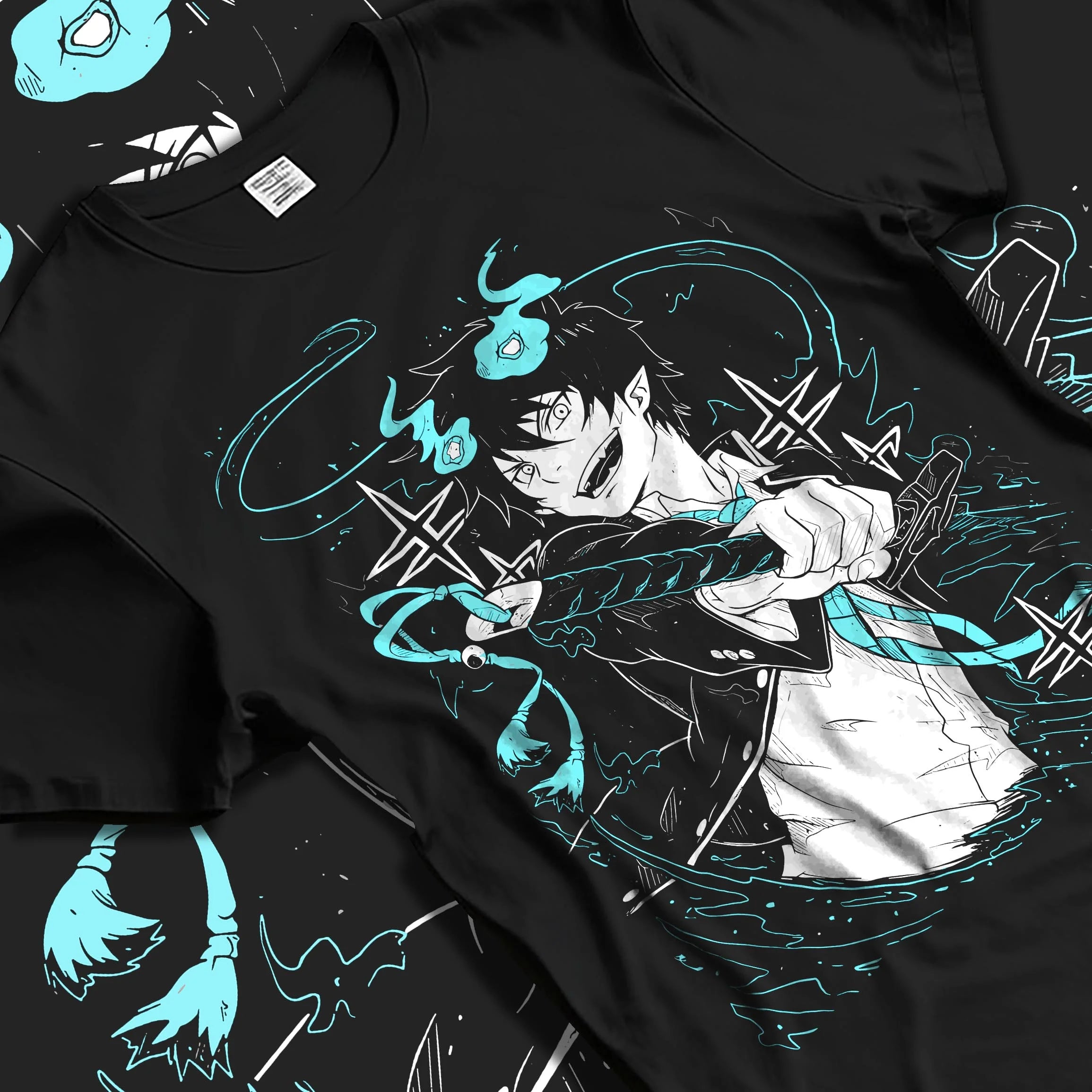 Black T-shirt laid flat with natural folds featuring Rin Okumura Blue Exorcist anime poster inspired design with abstract line art motif and dynamic action scene.