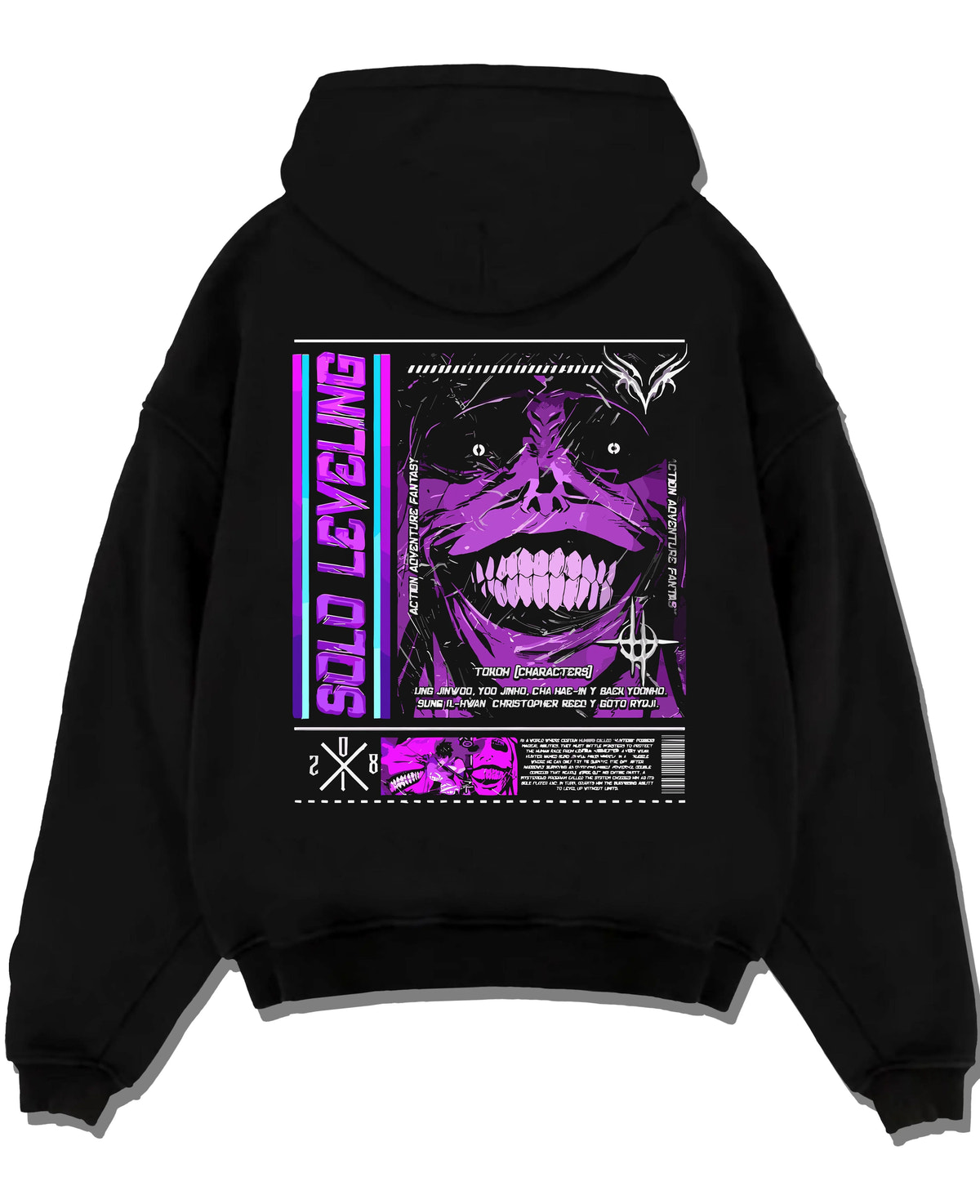Black hoodie laid flat featuring Shadow Monarch Solo Leveling power artwork with bold anime graphic print.