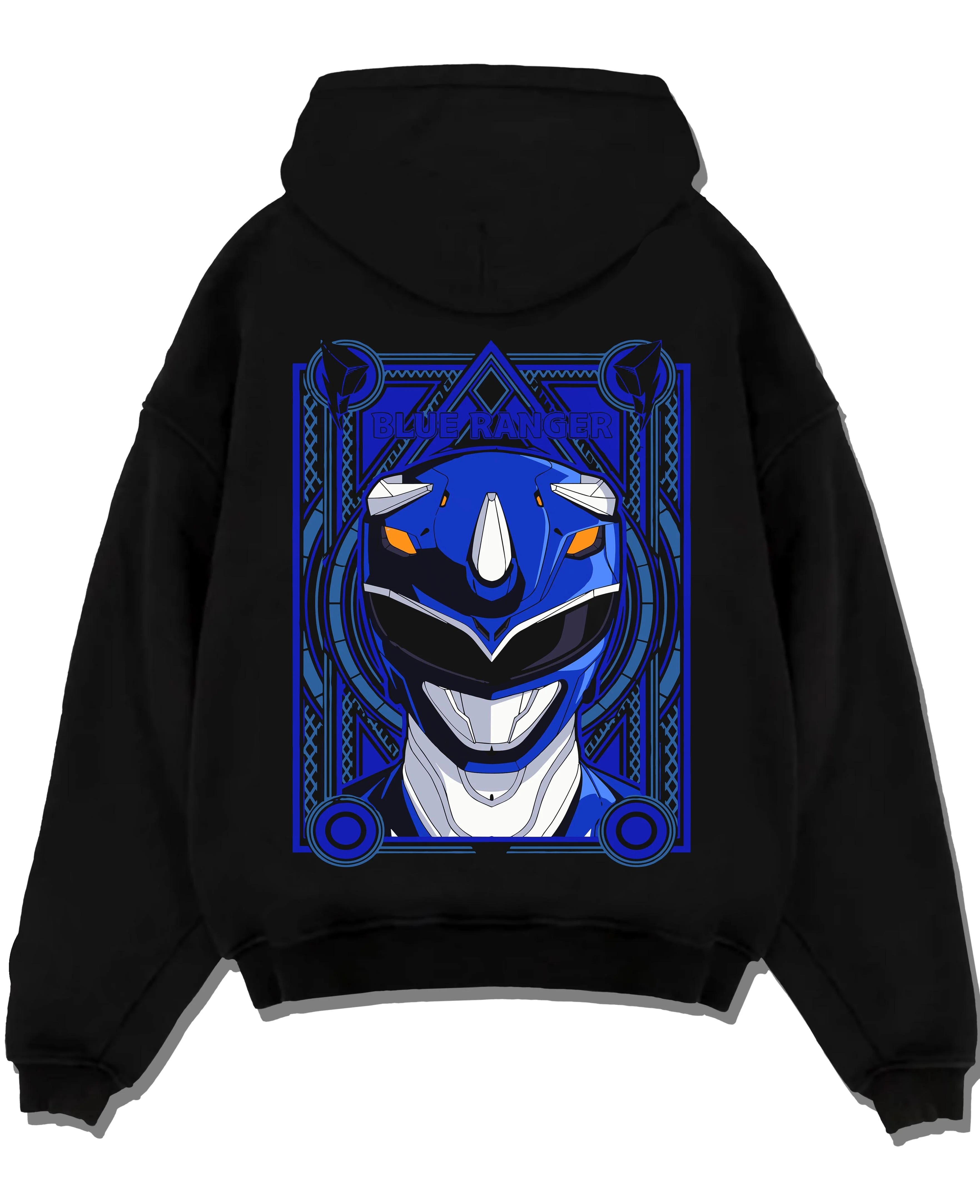 Black pullover hoodie laid flat with Blue Ranger Hoodie Power Rangers Classic Retro Pose graphic streetwear graphic.