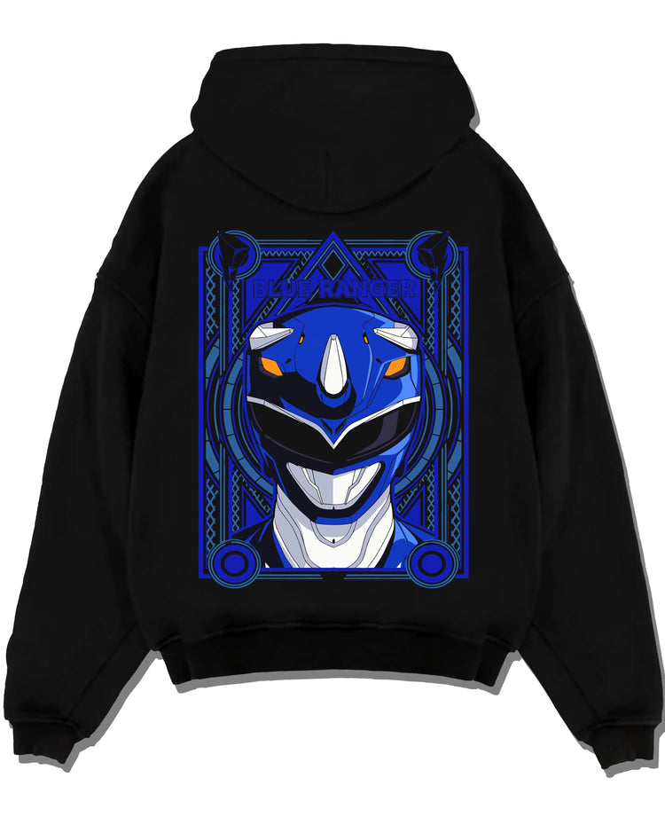 Black pullover hoodie laid flat with Blue Ranger Hoodie Power Rangers Classic Retro Pose graphic streetwear graphic.