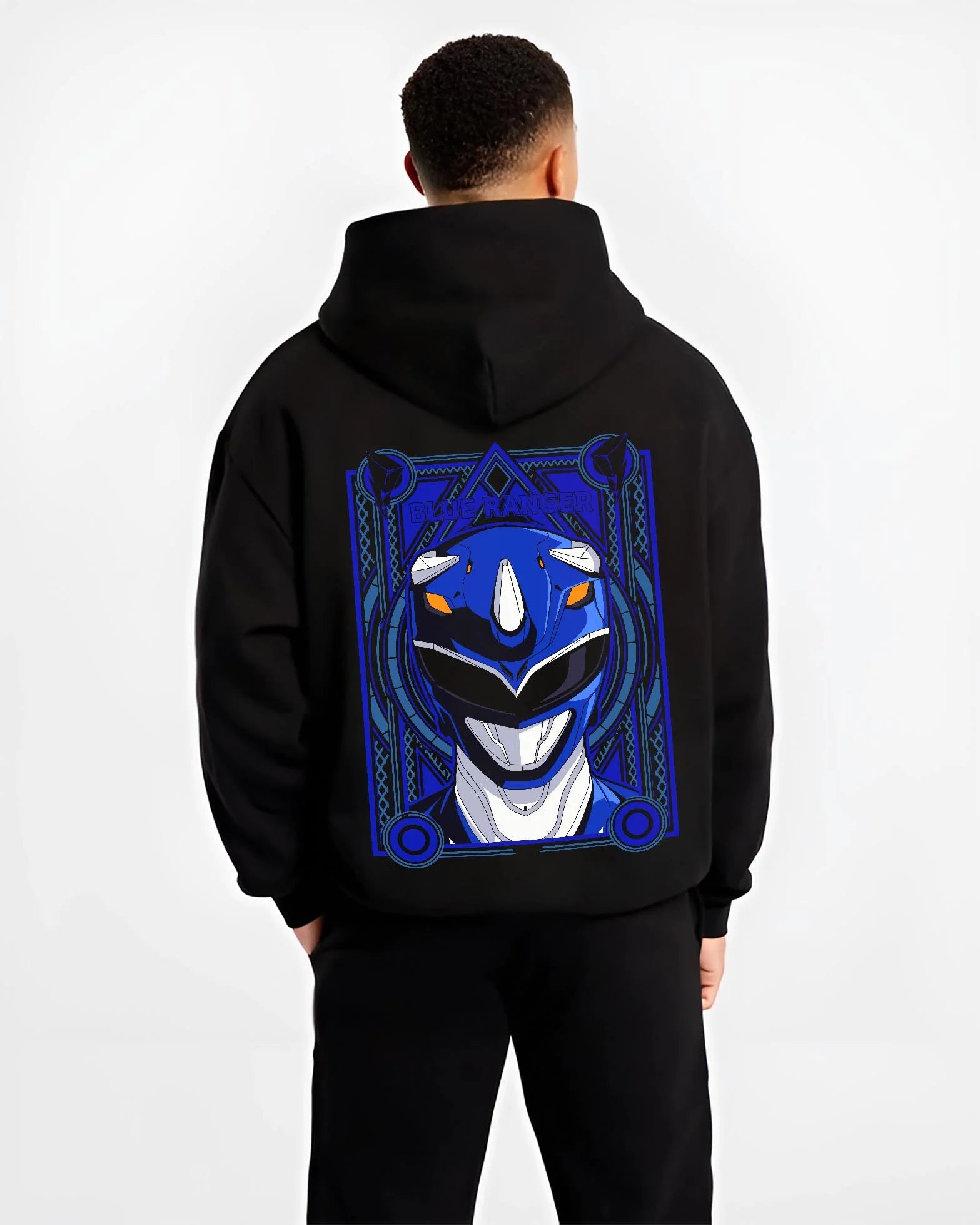 Black hoodie worn by male model, back view with Blue Ranger Hoodie Power Rangers Classic Retro Pose graphic premium wear.