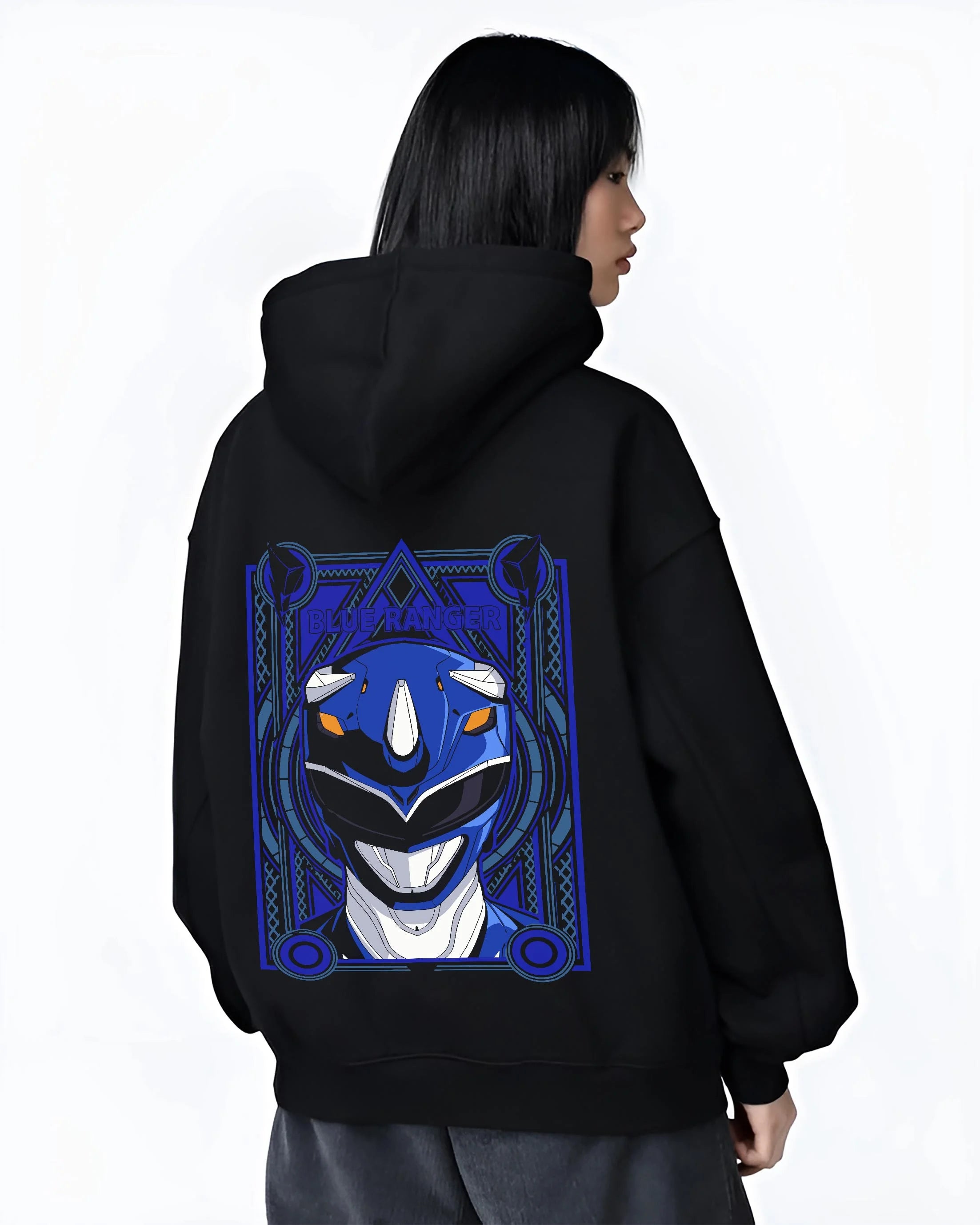 Black hoodie worn by female model, back view with Blue Ranger Hoodie Power Rangers Classic Retro Pose graphic premium wear.