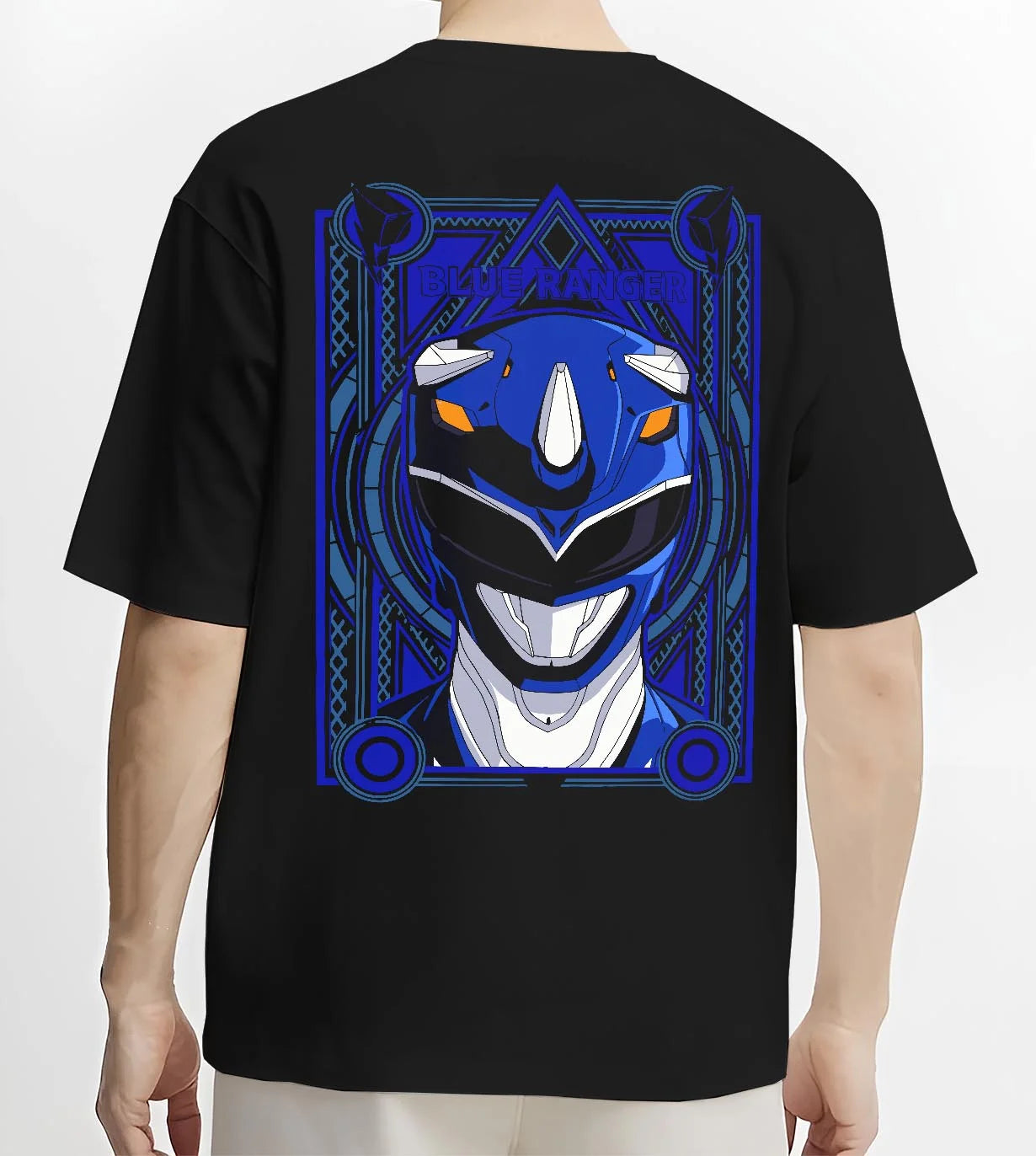 Black T-shirt worn by male model, back view with Blue Ranger Hoodie Power Rangers Classic Retro Pose graphic streetwear graphic.