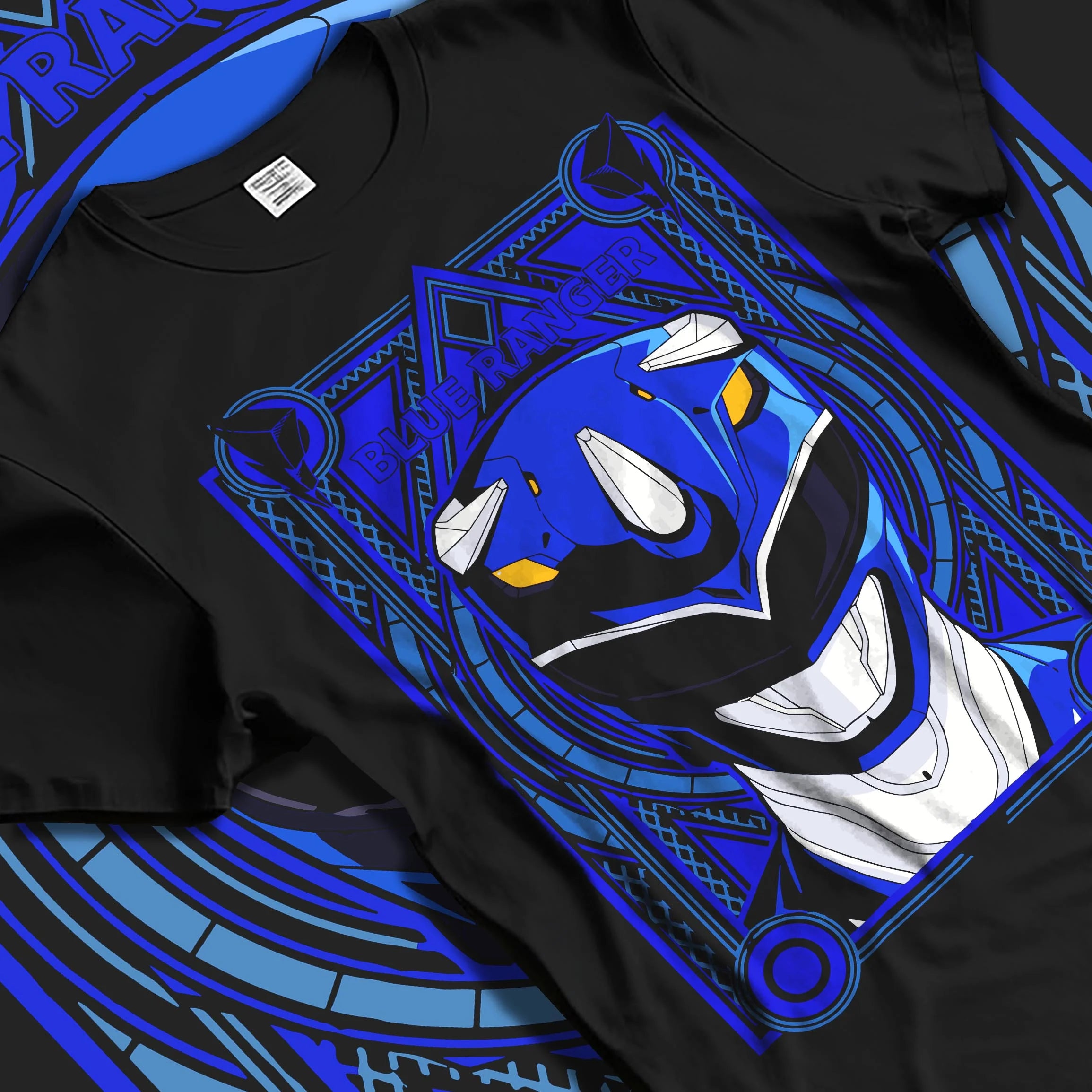Black T-shirt laid flat with natural folds with Blue Ranger Hoodie Power Rangers Classic Retro Pose graphic bold anime graphic.
