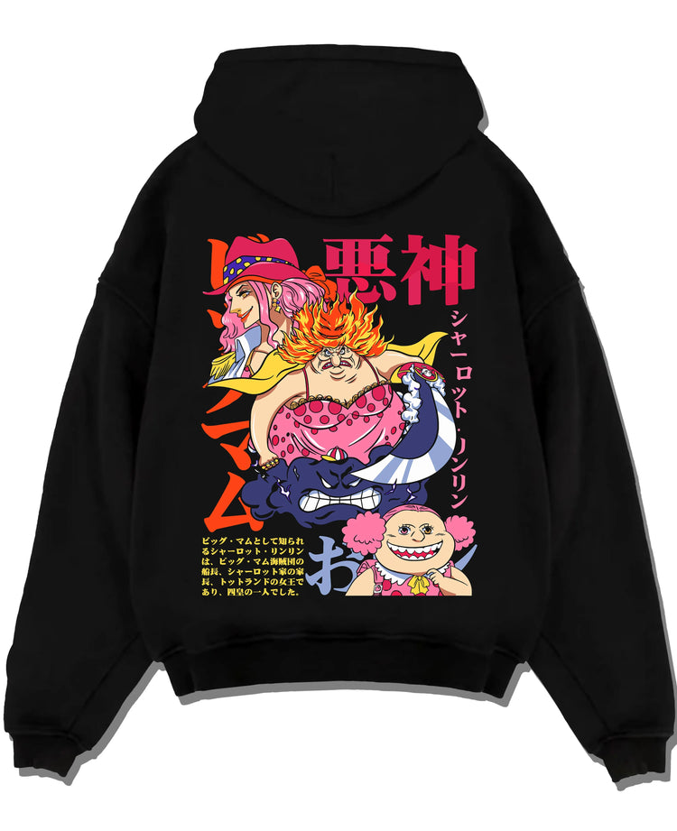 Black pullover hoodie laid flat with Big Mom Hoodie One Piece Yonko Pirate Queen Print graphic bold anime graphic.
