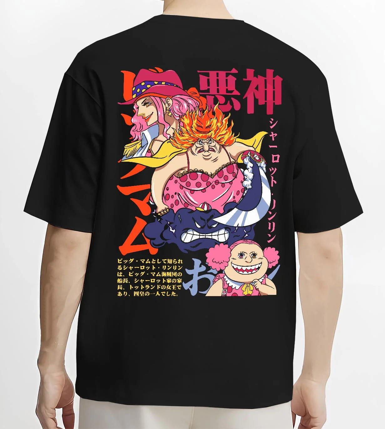 Black T-shirt worn by male model, back view with Big Mom Hoodie One Piece Yonko Pirate Queen Print graphic streetwear graphic.