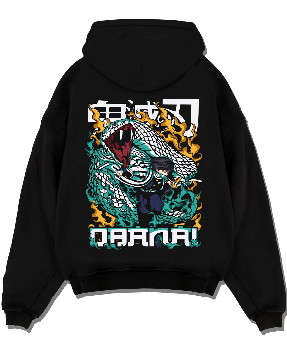 Black hoodie laid flat featuring Orochimaru white snake Naruto artwork with bold anime graphic print.