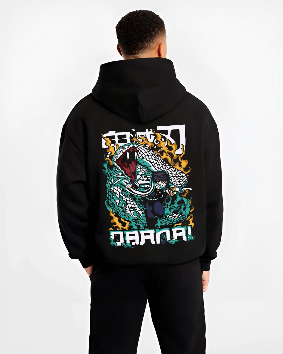 Black hoodie worn by male model from the back featuring Orochimaru white snake Naruto artwork.