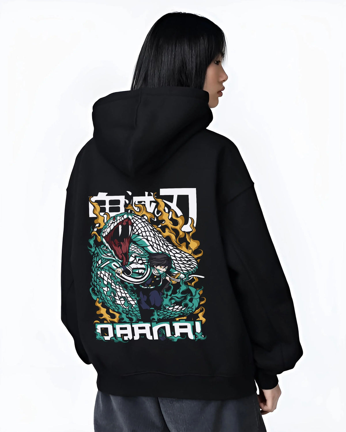 Black hoodie worn by female model from the back featuring Orochimaru white snake Naruto artwork.