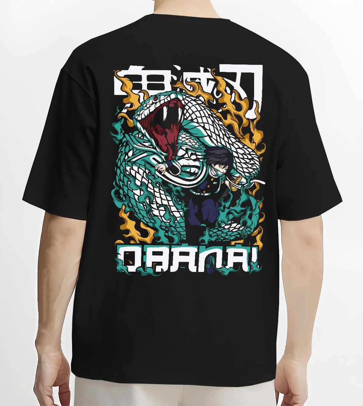 Black T-shirt worn by male model from the back featuring Orochimaru white snake Naruto artwork.
