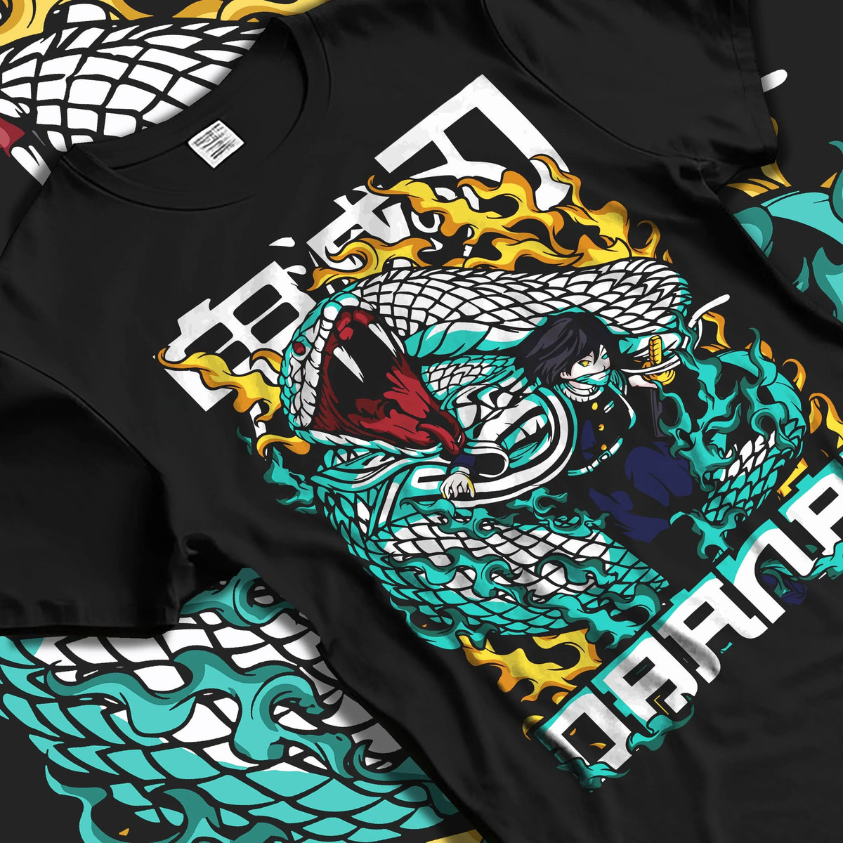 Black T-shirt laid flat with natural folds featuring Orochimaru white snake Naruto artwork.