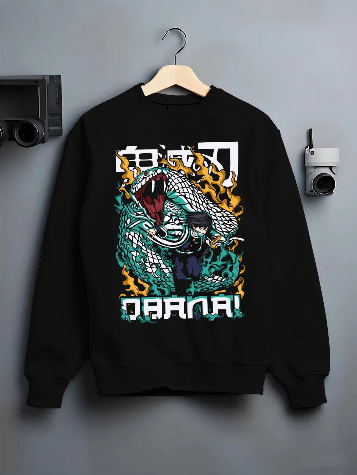 Black crewneck sweatshirt on hanger featuring Orochimaru white snake Naruto artwork.