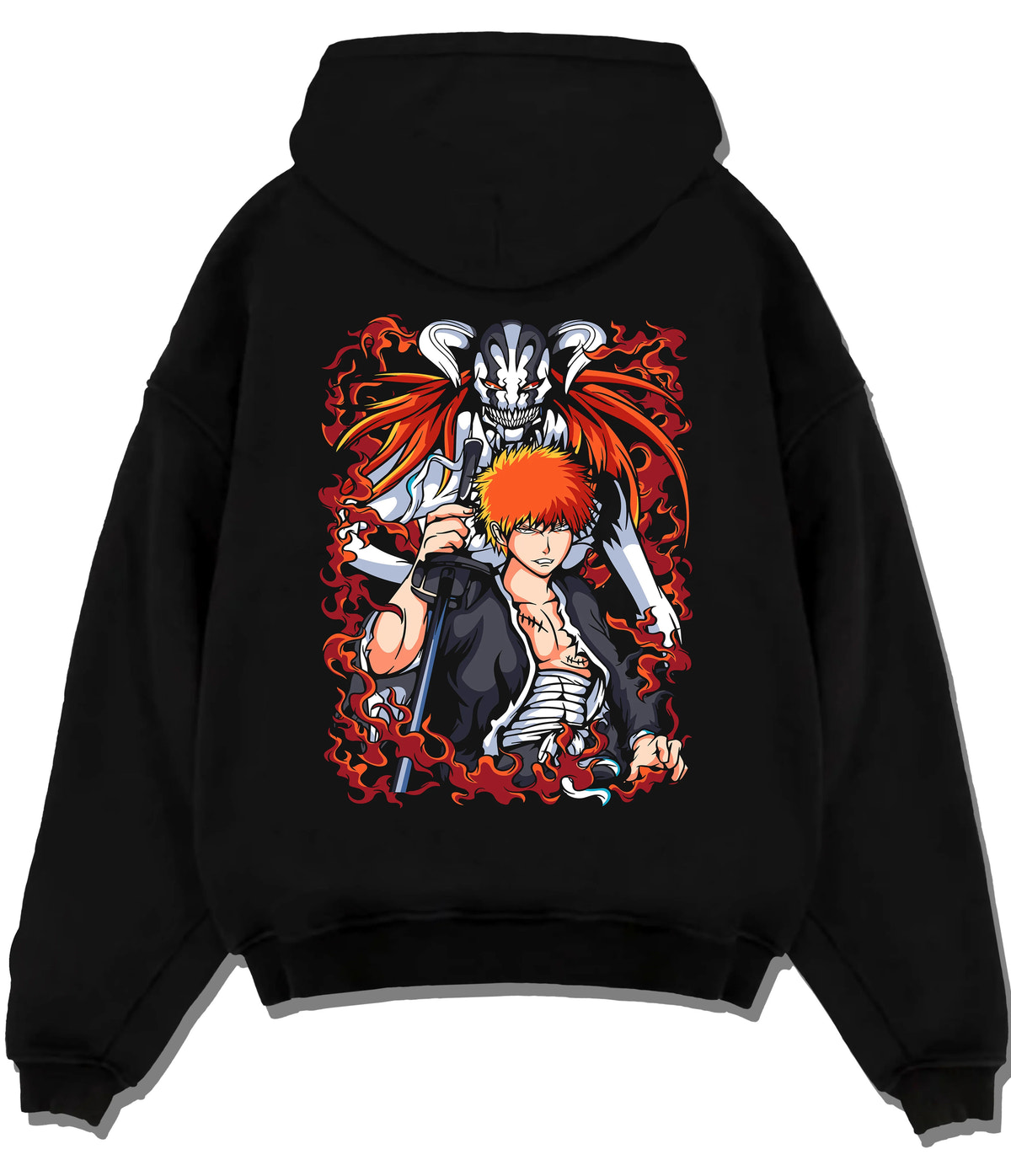 Black hoodie flat back view with Ichigo Kurosaki with Hollow form from Bleach illustrated back graphic