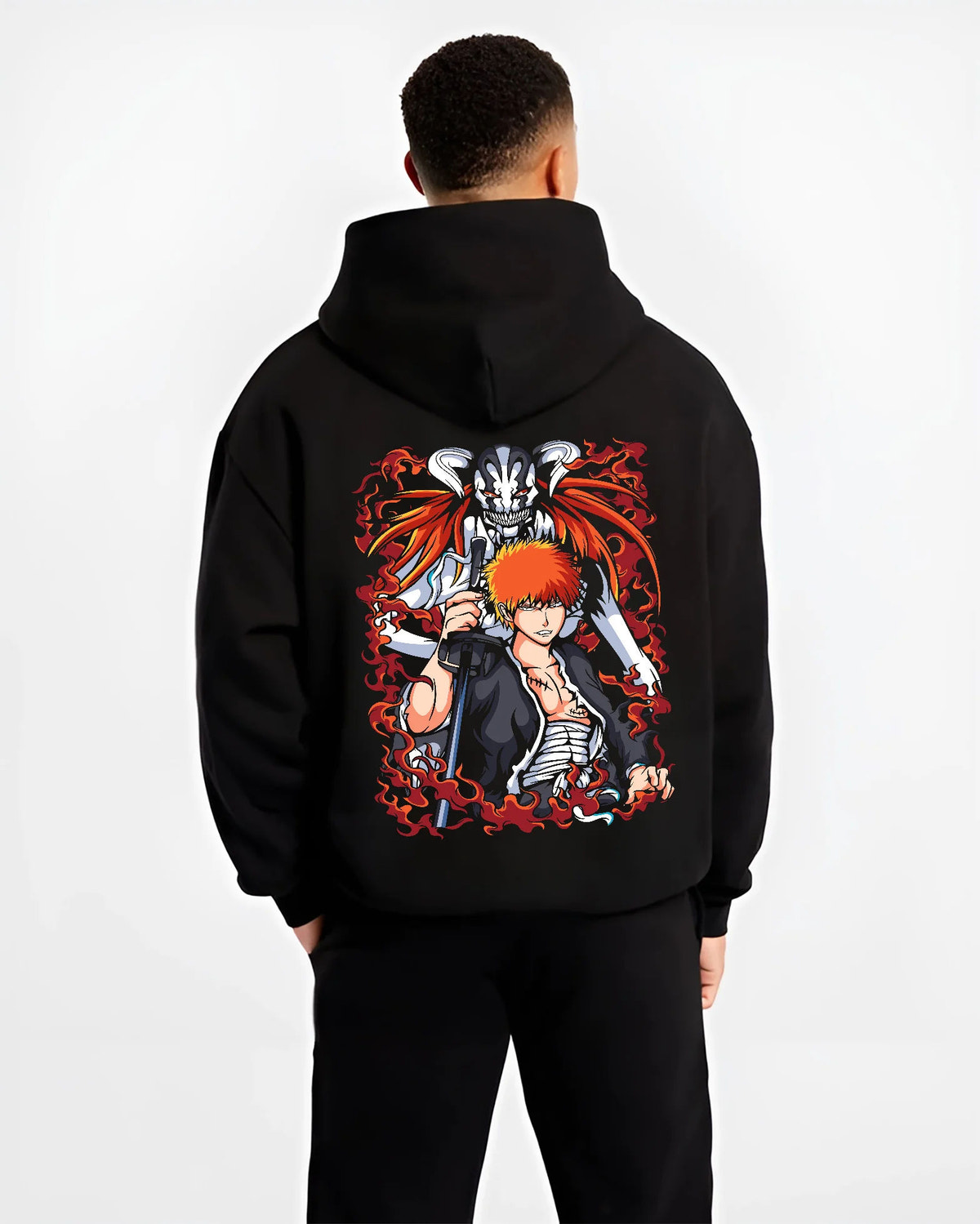 Black hoodie model back view with Ichigo Kurosaki with Hollow form from Bleach illustrated back graphic