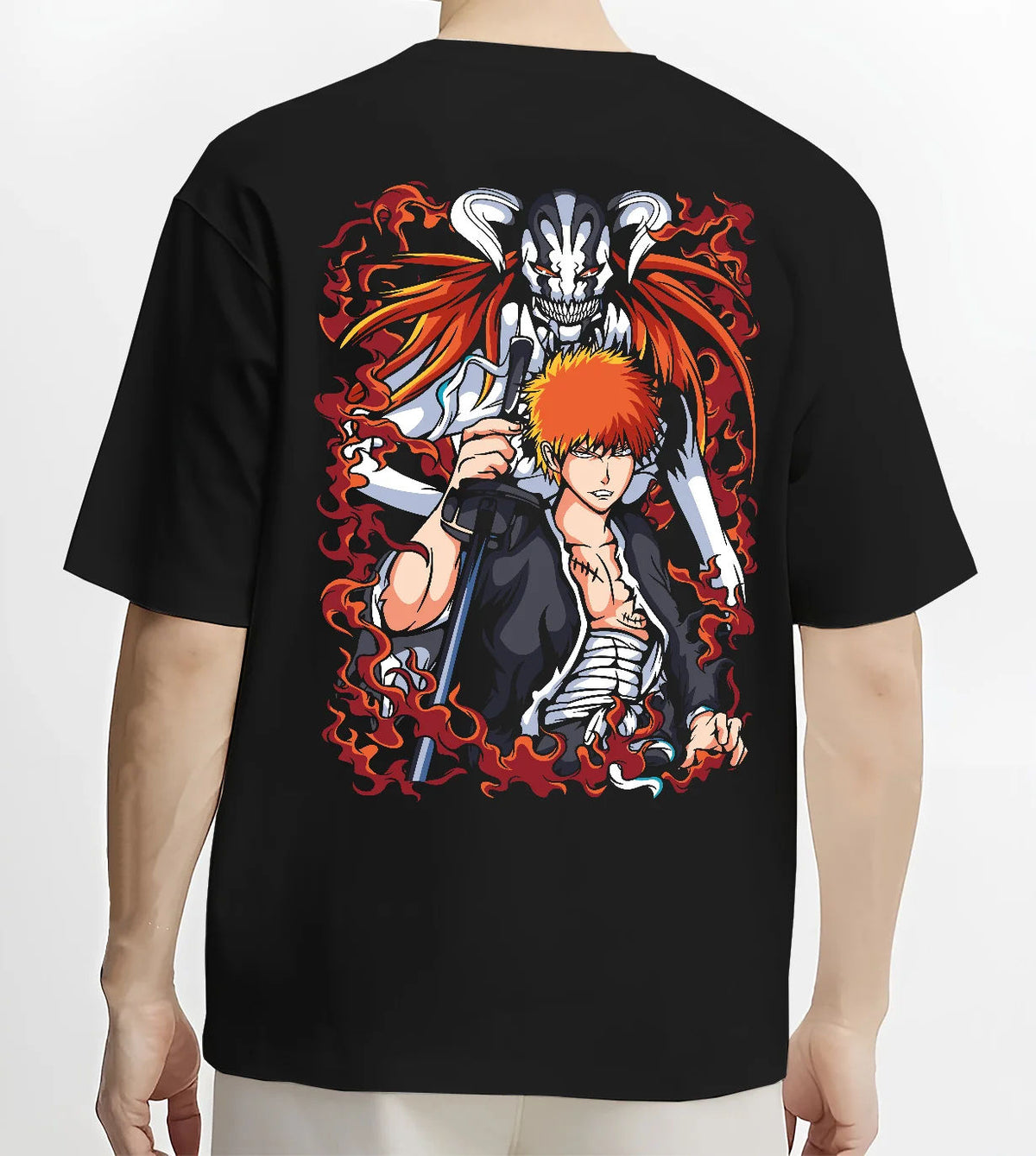 Black T-shirt model back view with Ichigo Kurosaki with Hollow form from Bleach illustrated back graphic