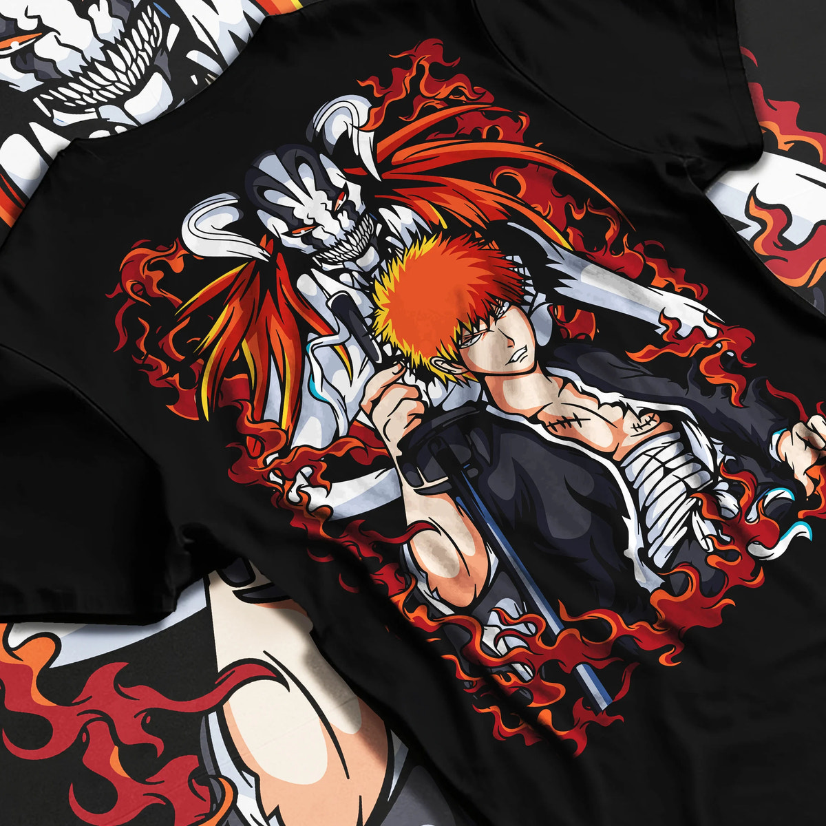 Black T-shirt flat back view with Ichigo Kurosaki with Hollow form from Bleach illustrated back graphic