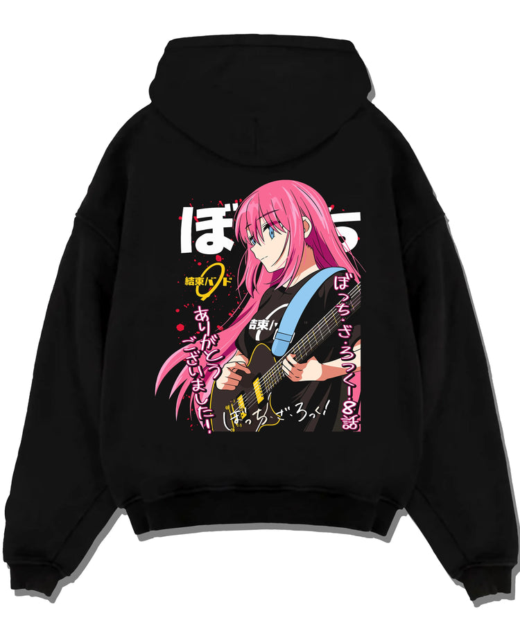Black pullover hoodie laid flat with Bocchi the Rock Hoodie Anime Guitar Shy Idol Scene graphic Bocchi anime design.