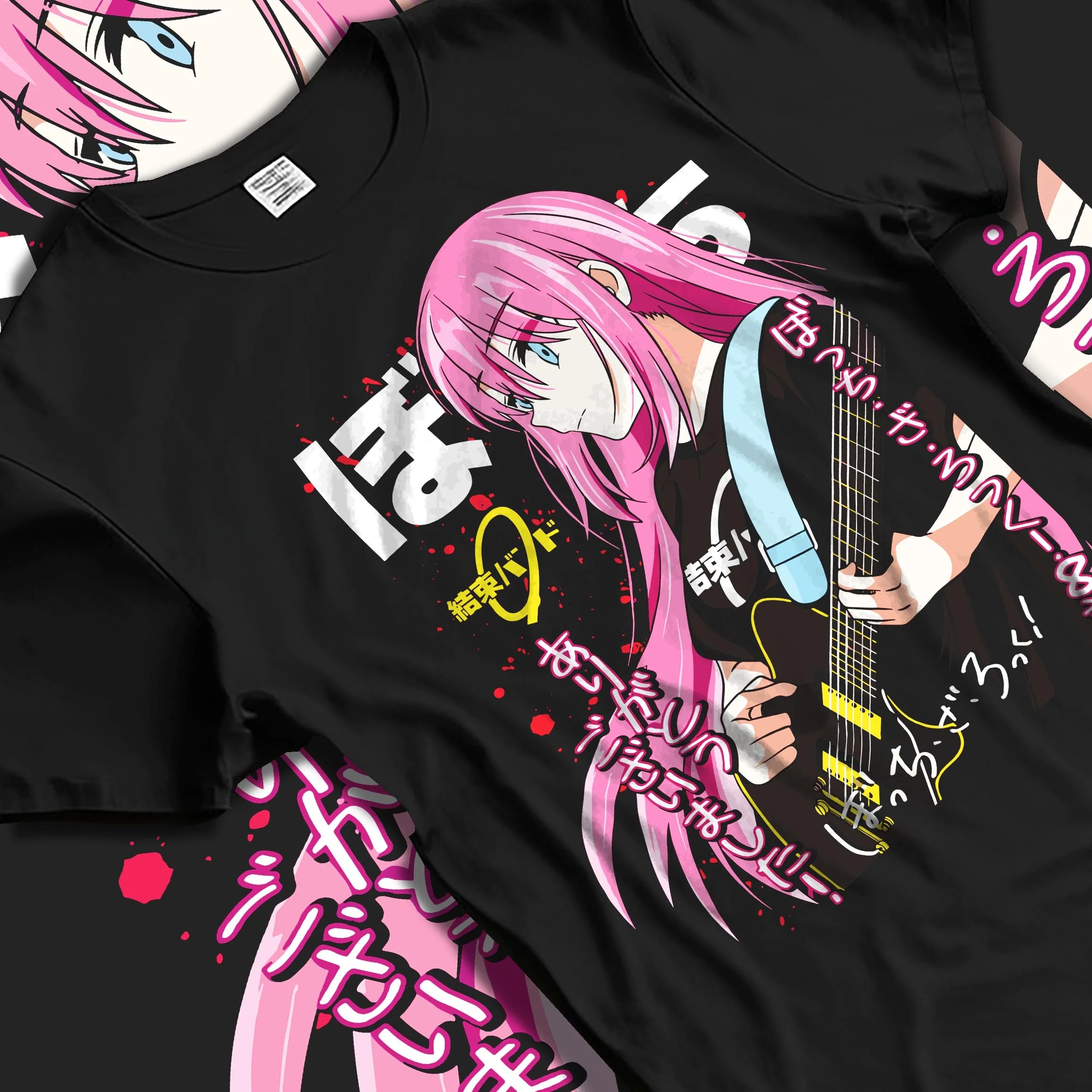 Black T-shirt laid flat with natural folds with Bocchi the Rock Hoodie Anime Guitar Shy Idol Scene graphic bold anime graphic.