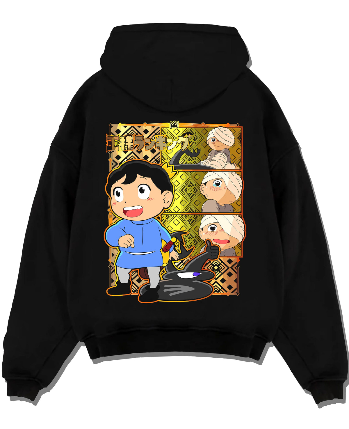Black hoodie laid flat featuring Bojji and Kage Ranking of Kings artwork with bold anime graphic print.