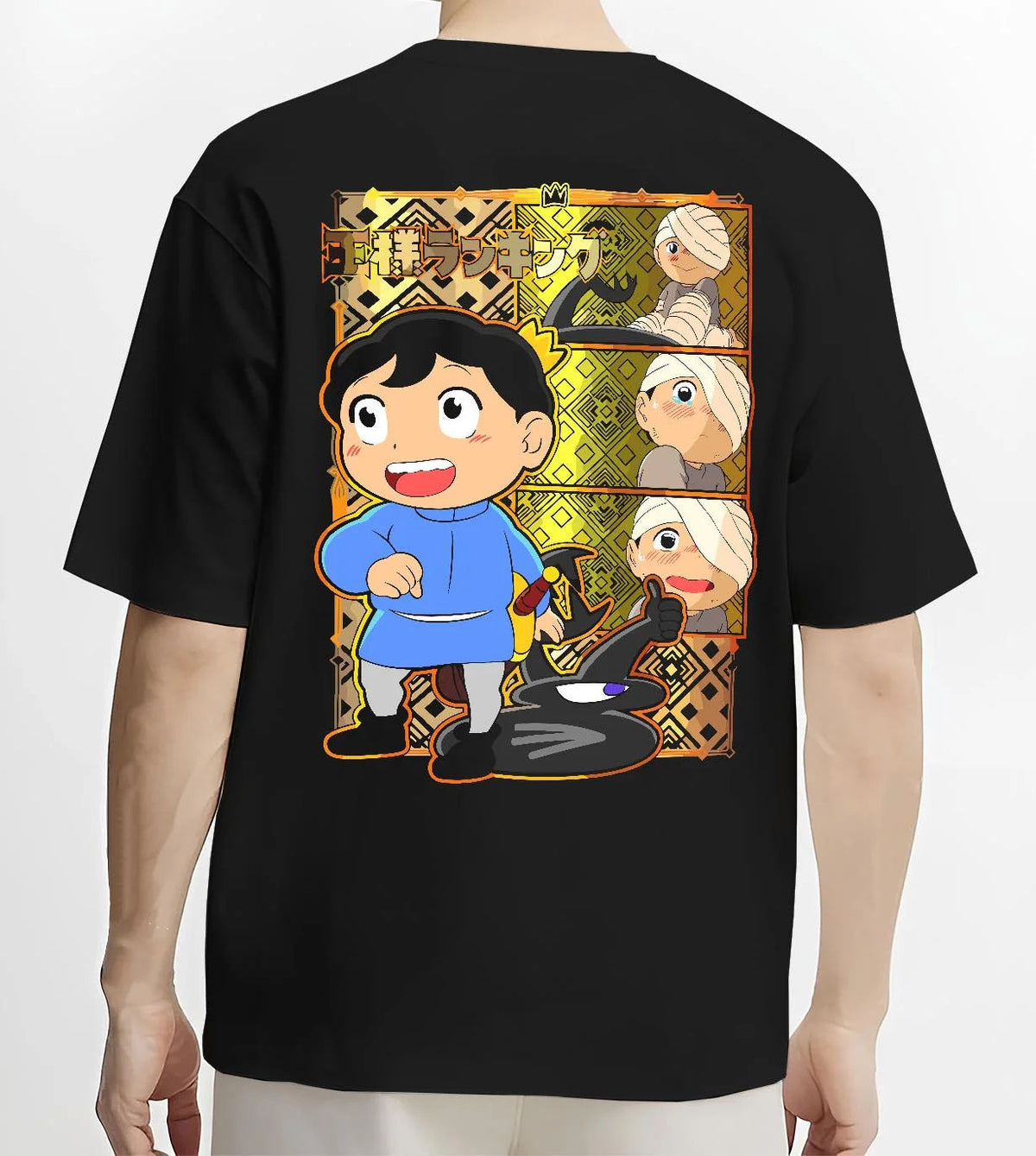 Black T-shirt worn by male model from the back featuring Bojji and Kage Ranking of Kings artwork.