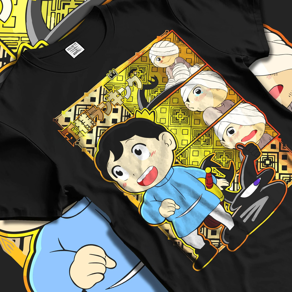 Black T-shirt laid flat with natural folds featuring Bojji and Kage Ranking of Kings artwork.