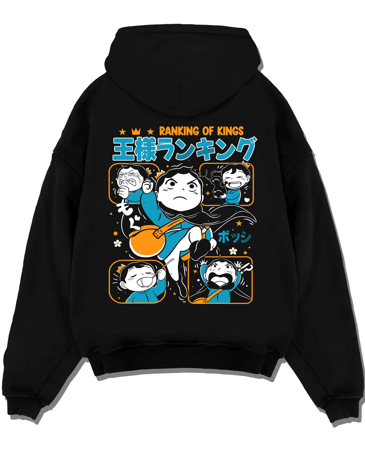 Black hoodie laid flat featuring Bojji Kage Ranking of Kings character artwork with bold anime graphic print.