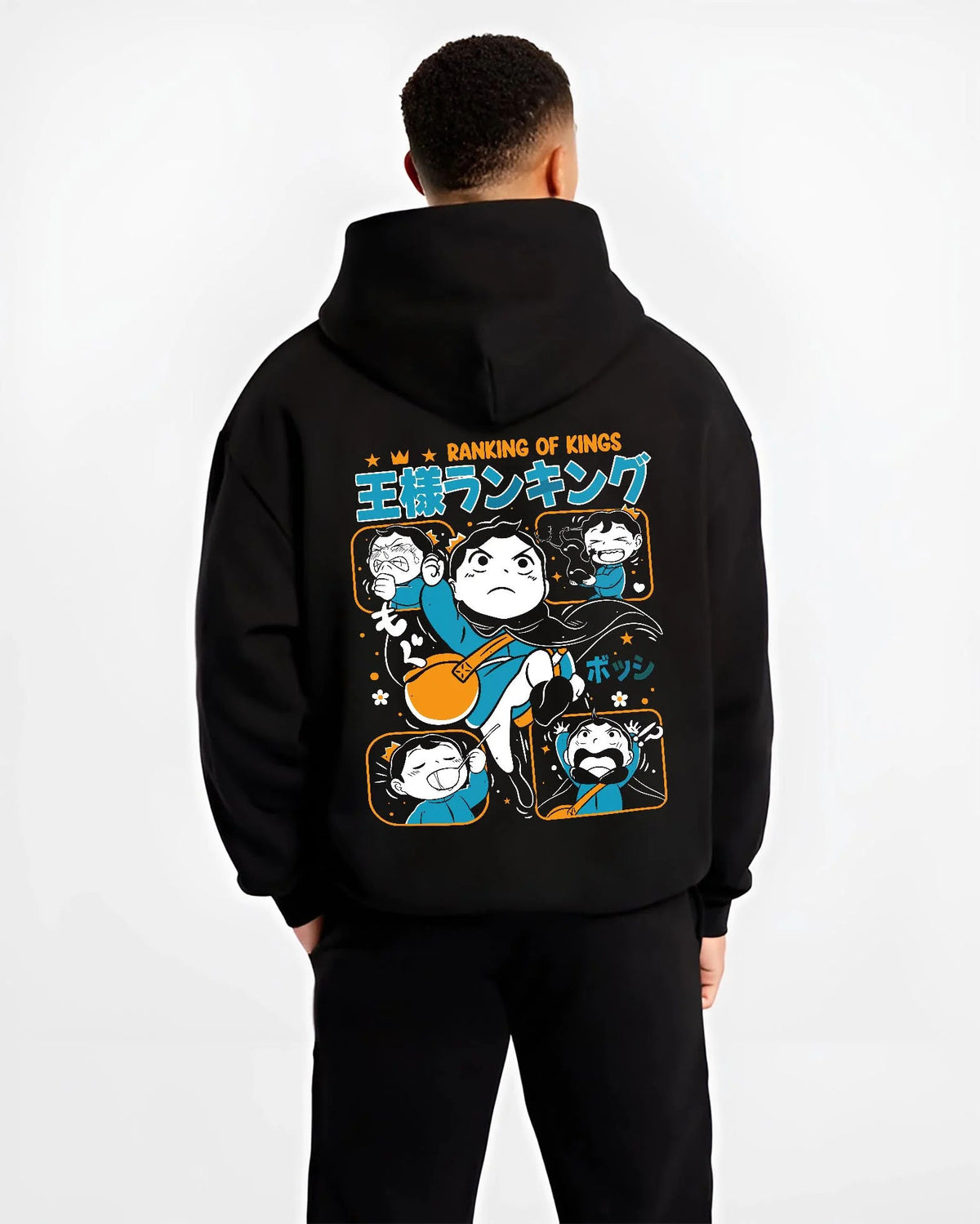 Black hoodie worn by male model from the back featuring Bojji Kage Ranking of Kings character artwork.
