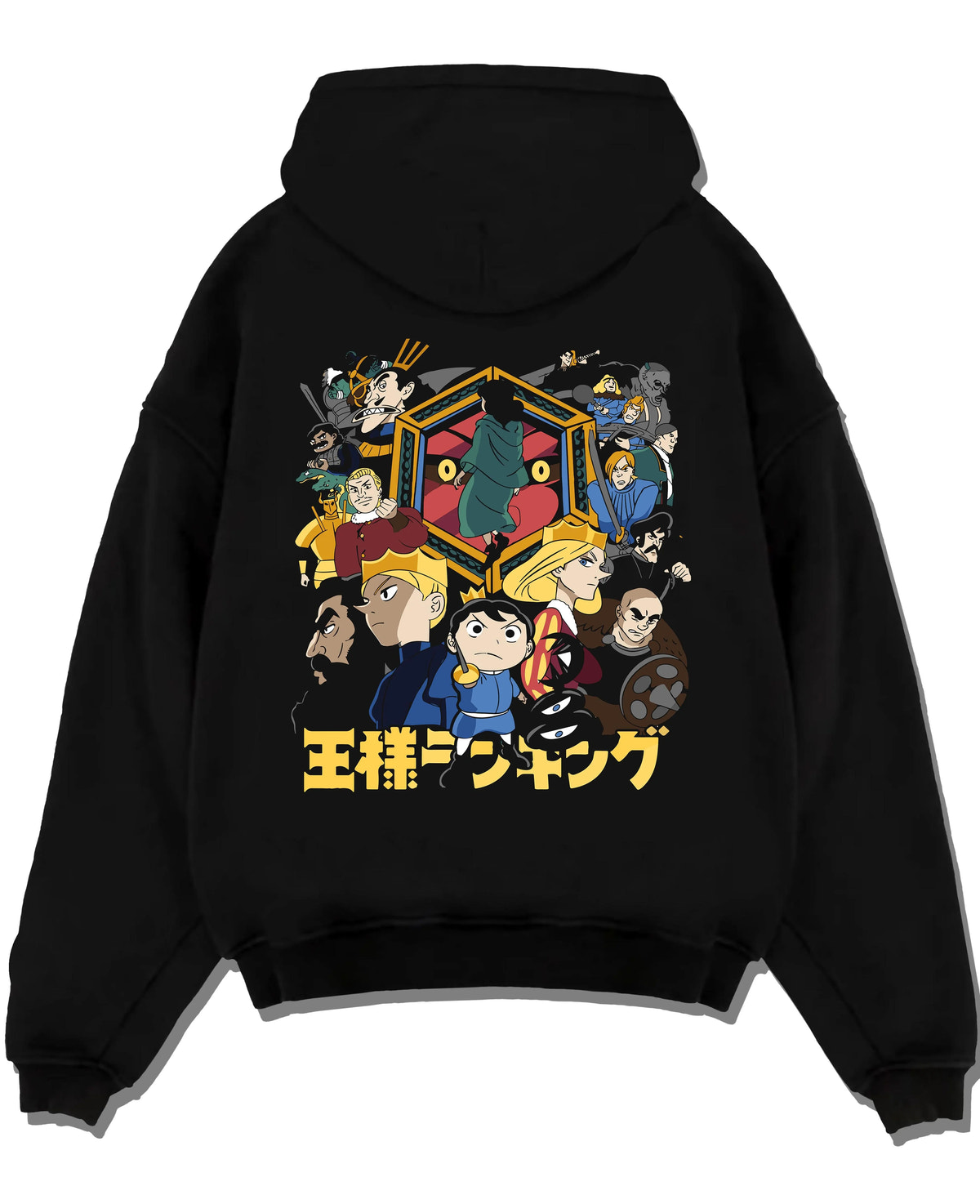 Black hoodie laid flat featuring Bojji Prince Ranking of Kings artwork with bold anime graphic print.