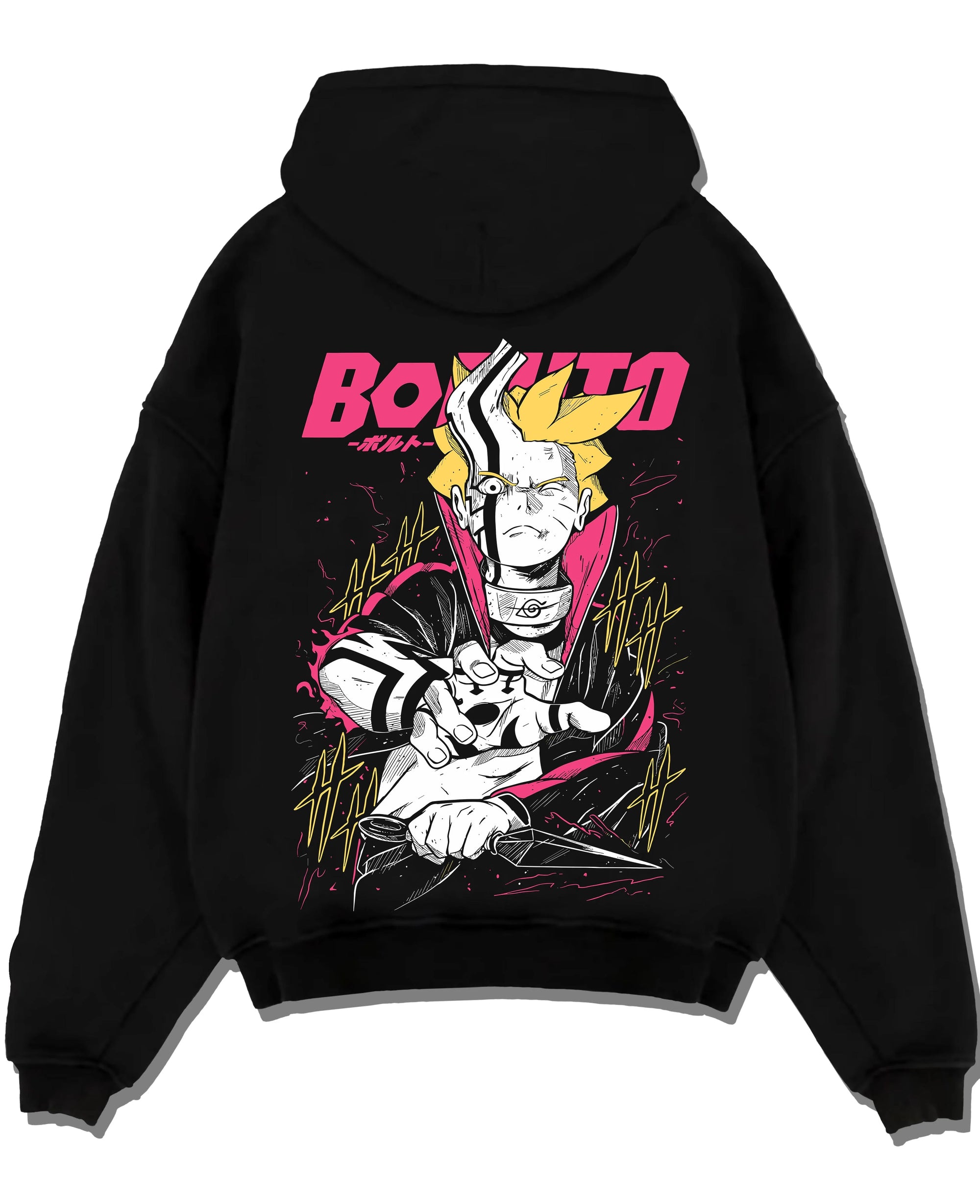 Black pullover hoodie laid flat with Boruto Hoodie Naruto Next Generations Shinobi Panel graphic streetwear graphic.