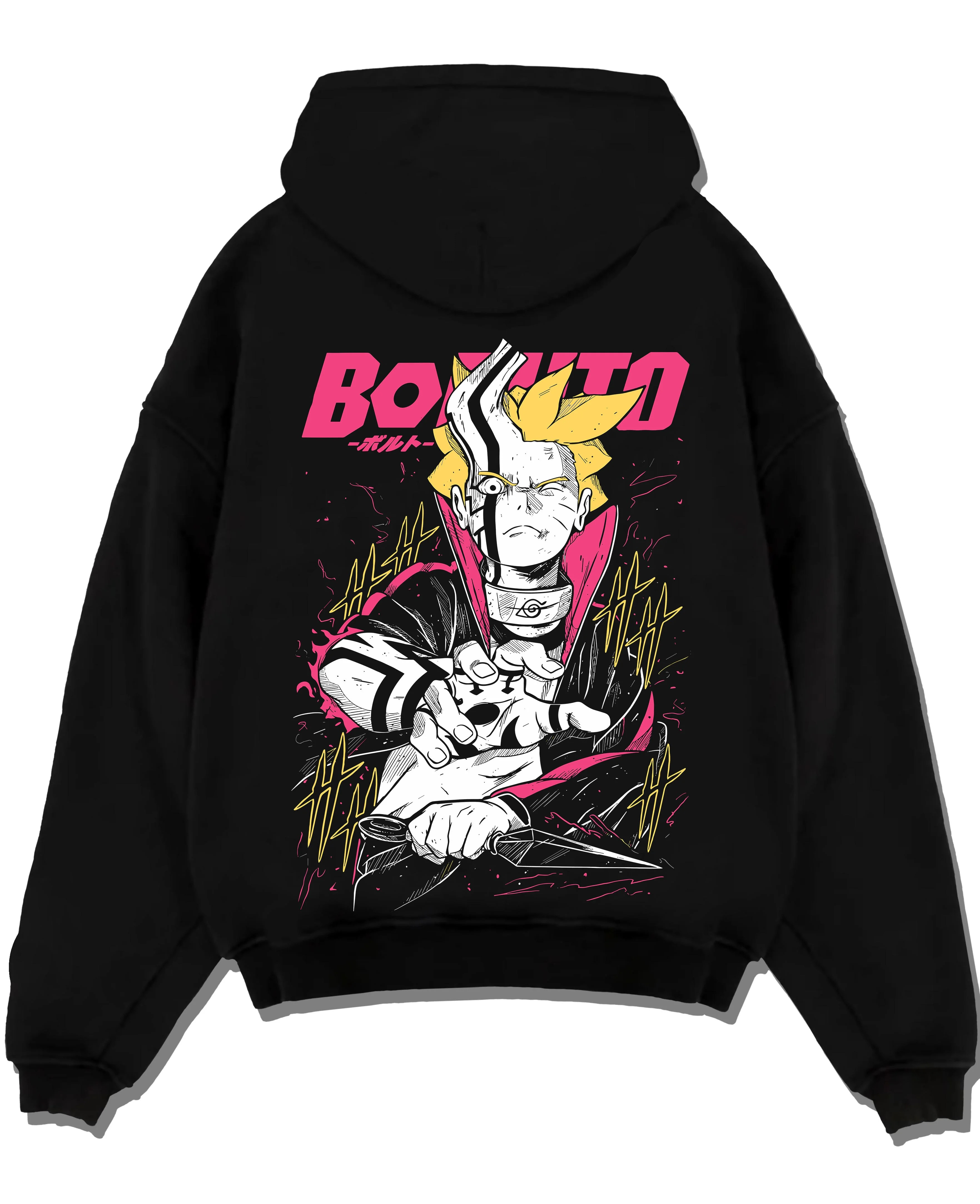 Black pullover hoodie laid flat with Boruto Hoodie Naruto Next Generations Shinobi Panel graphic streetwear graphic.
