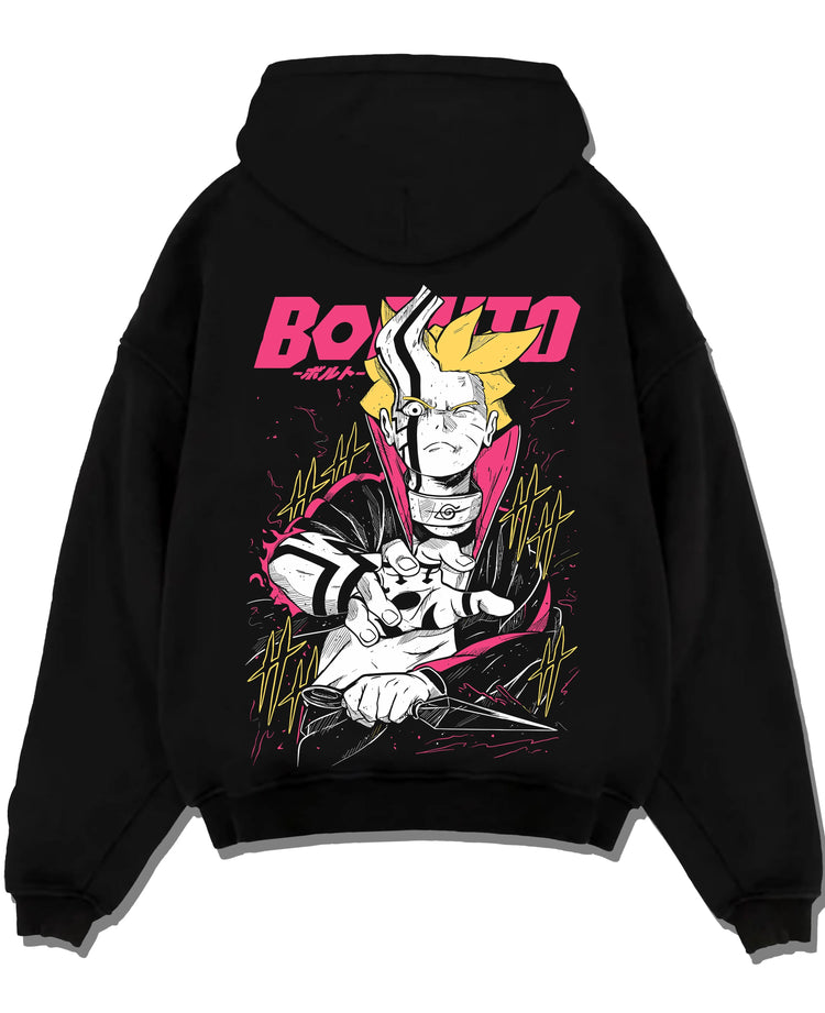 Black pullover hoodie laid flat with Boruto Hoodie Naruto Next Generations Shinobi Panel graphic streetwear graphic.
