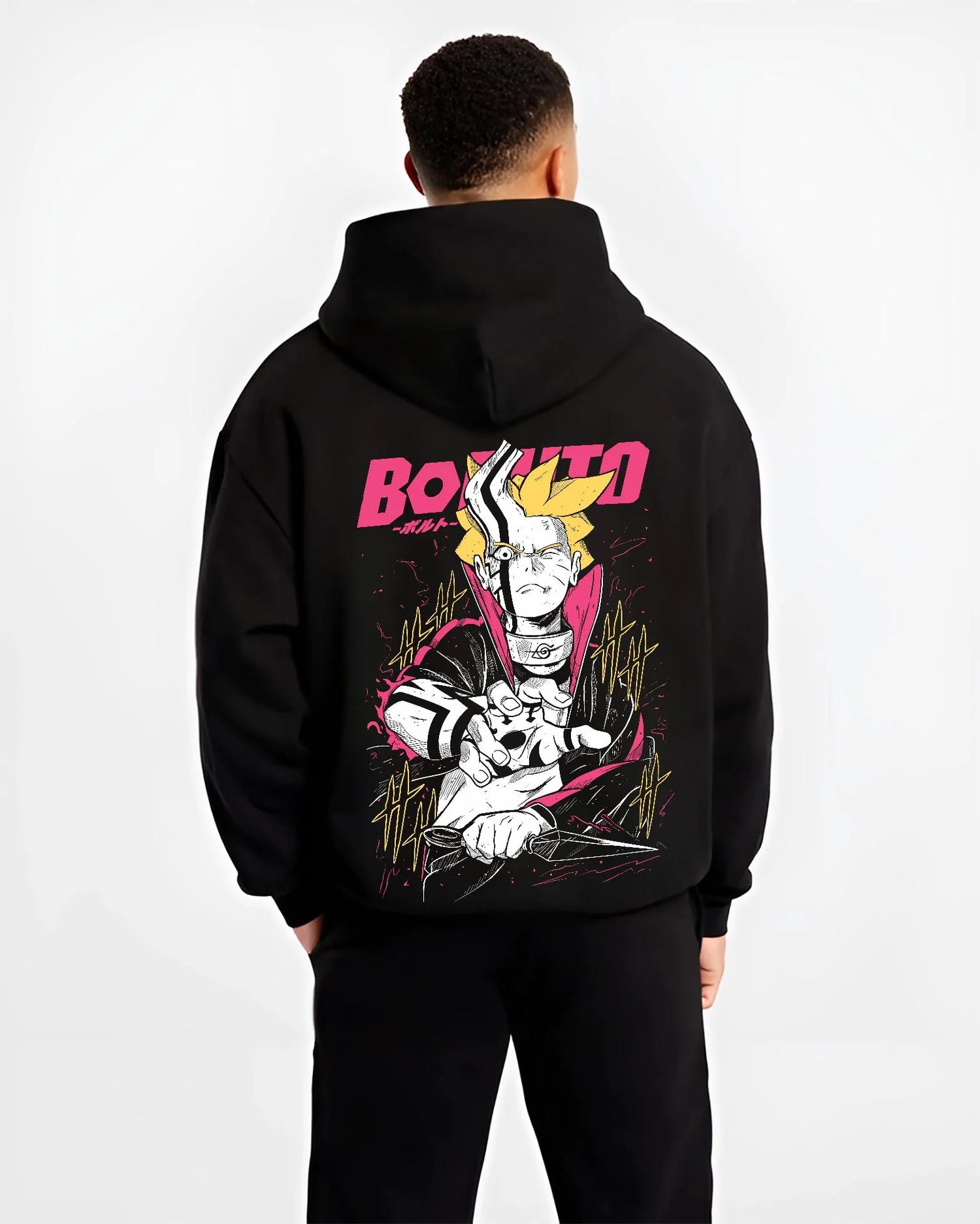Black hoodie worn by male model, back view with Boruto Hoodie Naruto Next Generations Shinobi Panel graphic bold anime graphic.