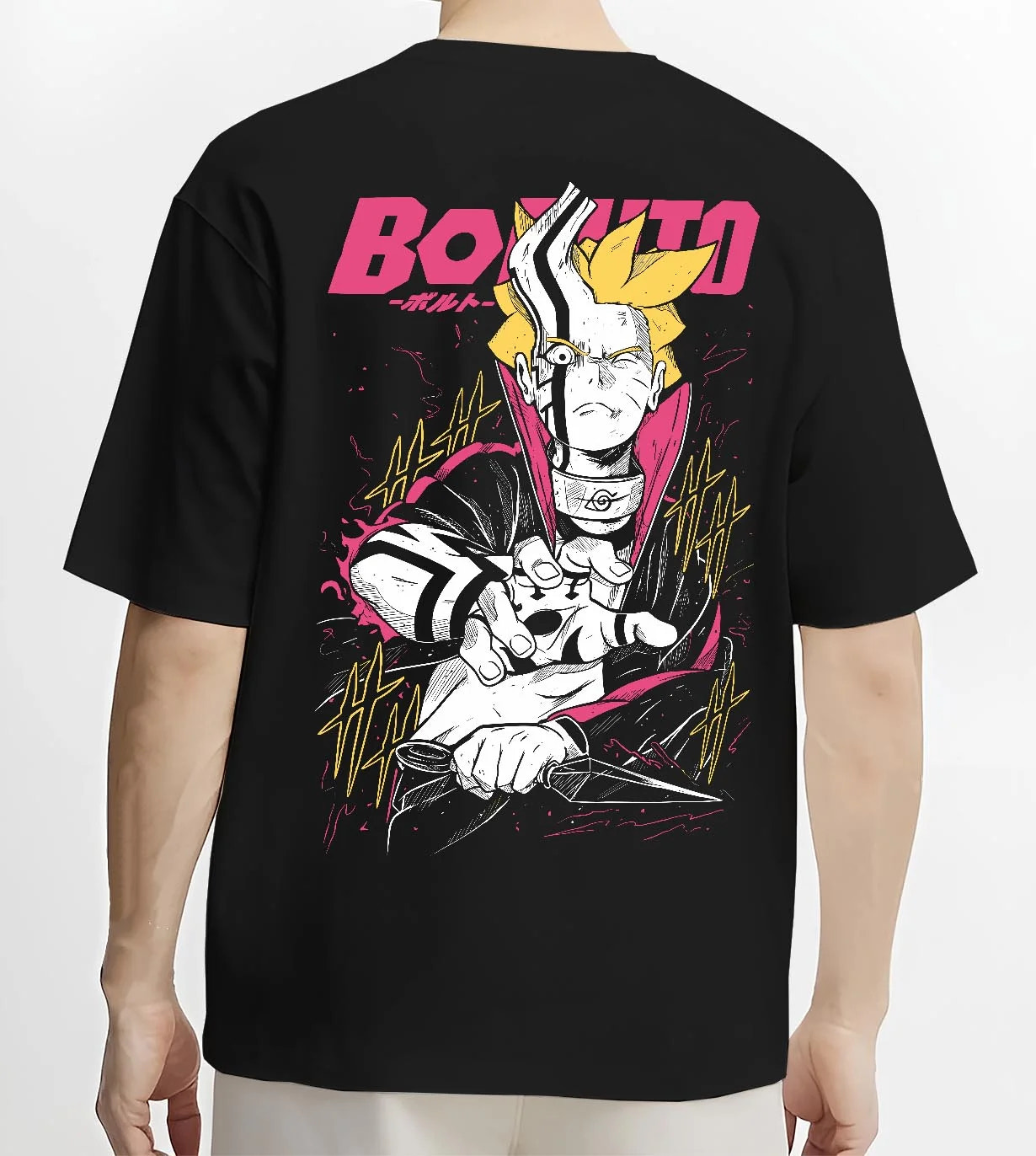 Black T-shirt worn by male model, back view with Boruto Hoodie Naruto Next Generations Shinobi Panel graphic streetwear graphic.
