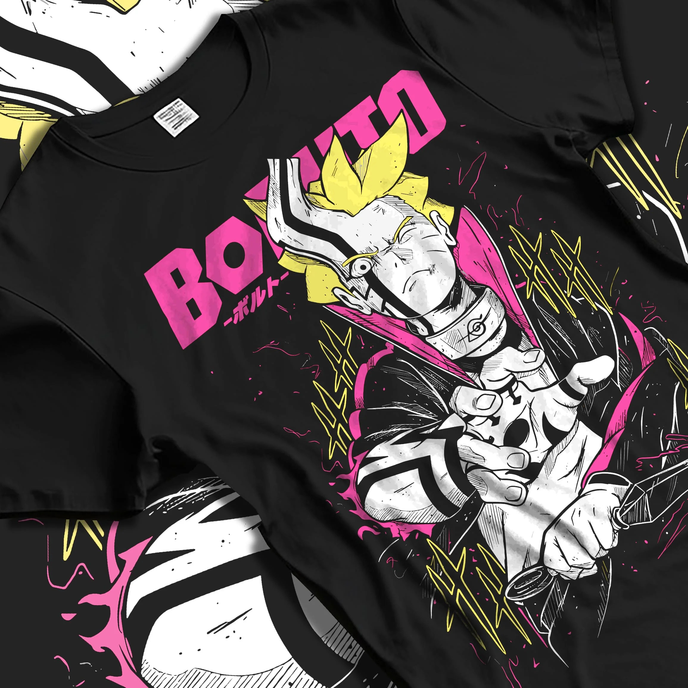 Black T-shirt laid flat with natural folds with Boruto Hoodie Naruto Next Generations Shinobi Panel graphic premium wear.