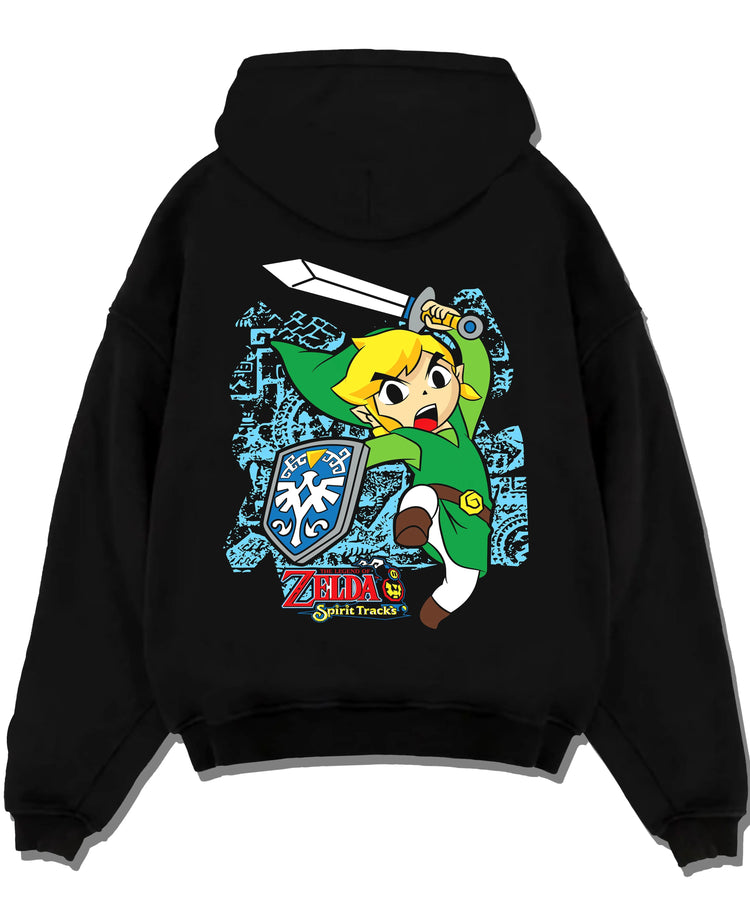 Black hoodie laid flat featuring Link Breath of the Wild blue tunic artwork with bold anime graphic print.