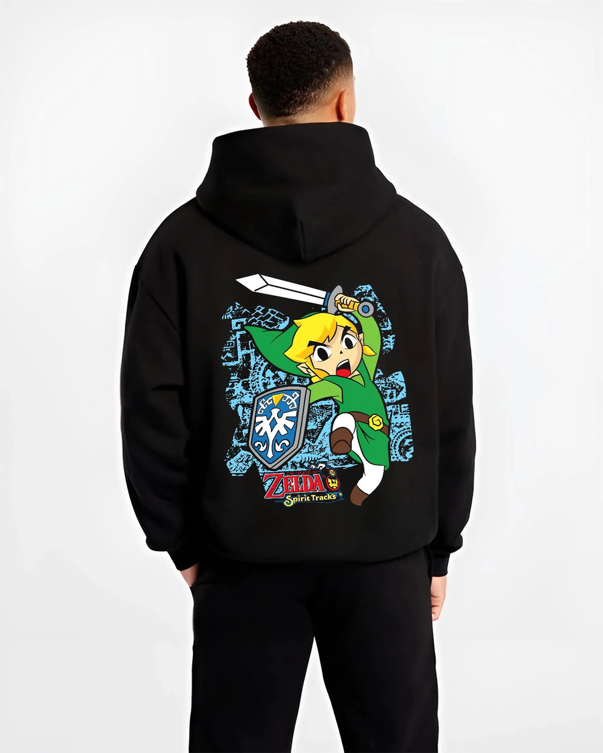 Black hoodie worn by male model from the back featuring Link Breath of the Wild blue tunic artwork.