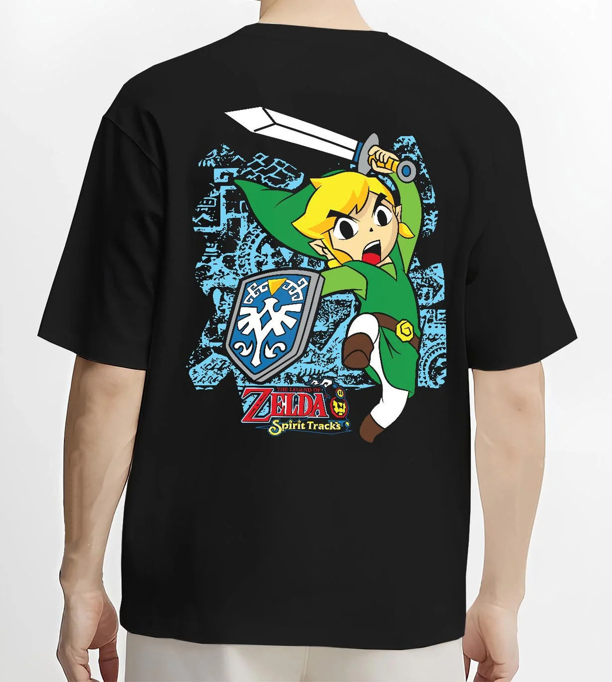 Black T-shirt worn by male model from the back featuring Link Breath of the Wild blue tunic artwork.